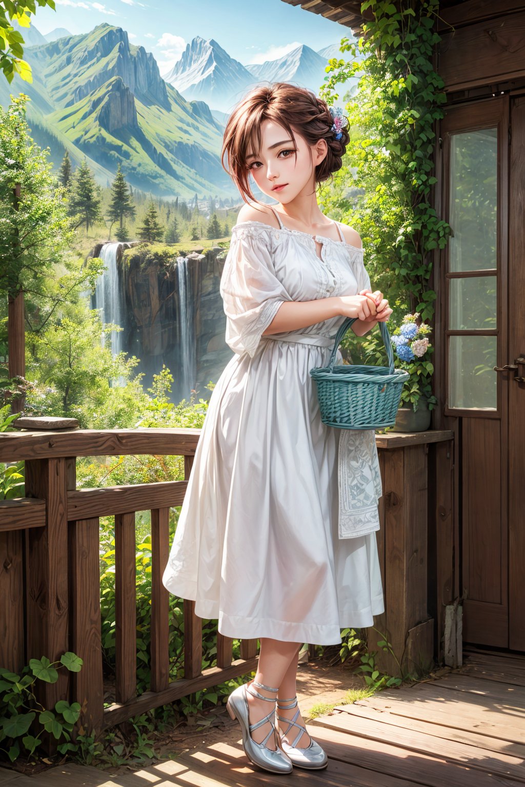 (best quality),(masterpiece:1.1),(extremely detailed CG unity wallpaper:1.1), (colorful cloth :1.3),(panorama shot:1.4),looking at viewer, from below, high res, detailed face, detailed eyes, 1 girl, solo, long-bob roughtly cut and two braided hair-bangs tied behind her head, cute hairstyle, full body, mountain forest , outdoors, (perfect fingers :1.4), perfect face, five fingers for each hand, fantasy, hugging basket , Exquisite face, Model shooting style,