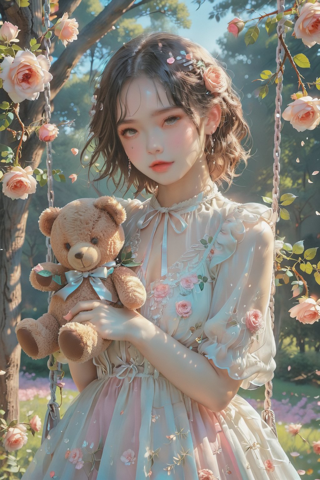 ultra detailed,  (masterpiece,  top quality,  best quality,  official art,  perfect face:1.2),  UHD,(cinematic,  azure and light pink:0.85),  (muted colors,  dim colors),  falling petals,  red roses , happiness, (wearing trendy fashion:1.4), chiffon sheer dress vanilla, (full field roses :1.4), (((hold a teddy bear))), dynamic posing, tree house, park, swing, cute_girl, pastel flowers , lilac, rose, Line art,1girl, Light master,More Reasonable Details,