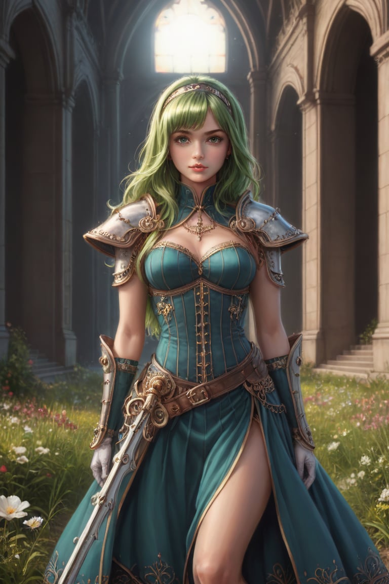 score_9, score_8_up, score_8, masterpiece, official art, ((ultra detailed)), (ultra quality), high quality, perfect face, 1 girl with long hair, blond-green hair with bangs, bronze eyes, detailed face, wearing a fancy ornate (((folk dress))), shoulder armor, armor, glove, hairband, hair accessories, striped, (holding the great weapon :1.4), jewelery, thighhighs, pauldrons, side slit, capelet, vertical stripes, looking at viewer, fantastical and ethereal scenery, daytime, church, grass, flowers. Intricate details, extremely detailed, incredible details, full colored, complex details, hyper maximalist, detailed decoration, detailed lines, best quality, HDR, dynamic lighting, perfect anatomy, realistic, more detail, Architecture, full juicy lips, perfect green eyes, (soft cute face), breast,ddckimsungah,Long Legs and Hot Body,greg rutkowski,ste4mpunk,ketaP