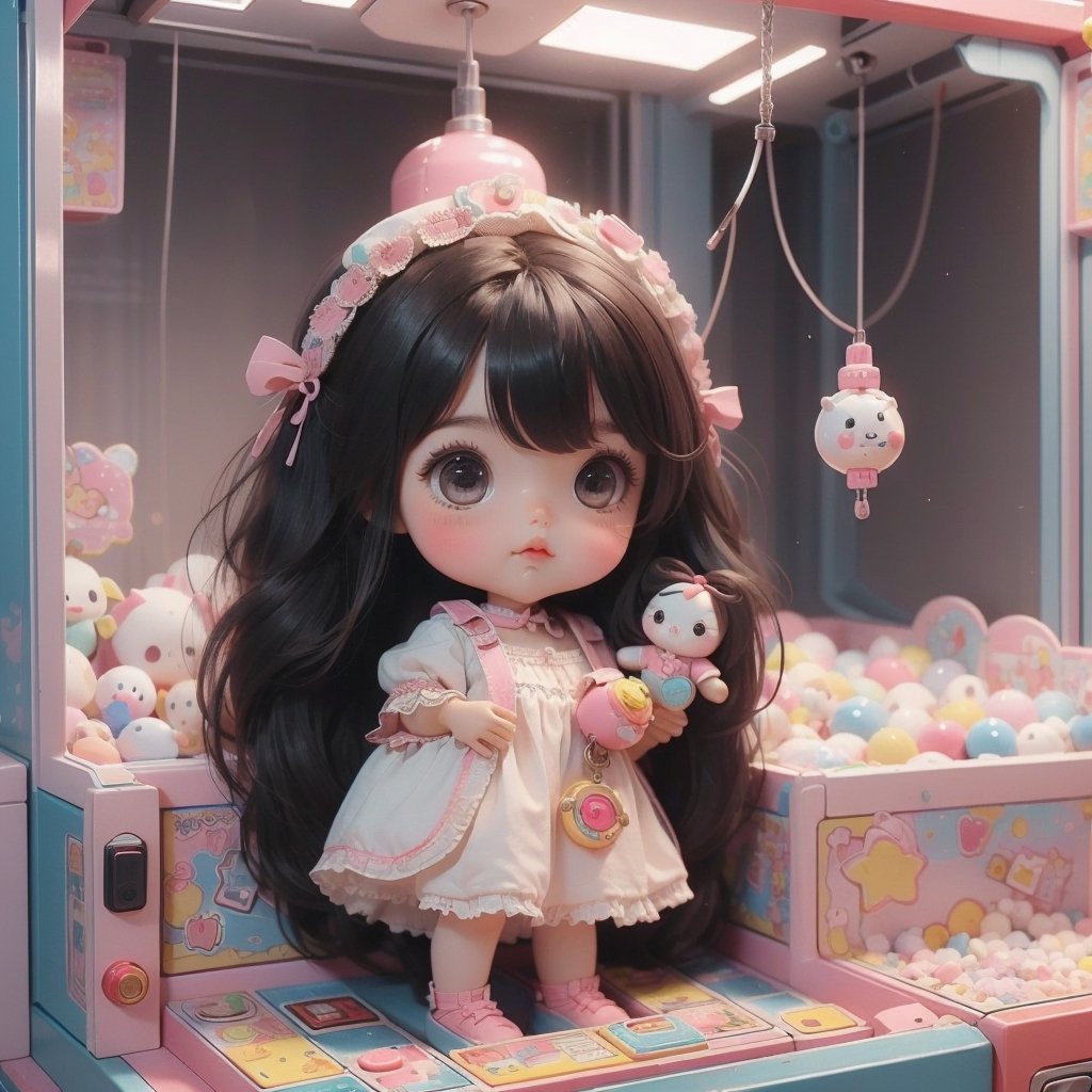 1girl, best quality, ultra-detailed, (((masterpiece))), (((best quality))), extremely detailed, ((claw machine)), ((claw is clamping a doll box up)), hand on bottom panel, control joystick and press button with hand, cleavage, big tits, ribbon, beige lace overalls, black updo longhair, shy, blush, petite figure proportion, claw machine, Glittering, cute and adorable, (perfect lighting, perfect shadow), dreamlike scenery,Realism, blending colors,vibrant hues, amazing photo, wearing dress pretty ruffle, cute shoe, Chibi, ,chibi