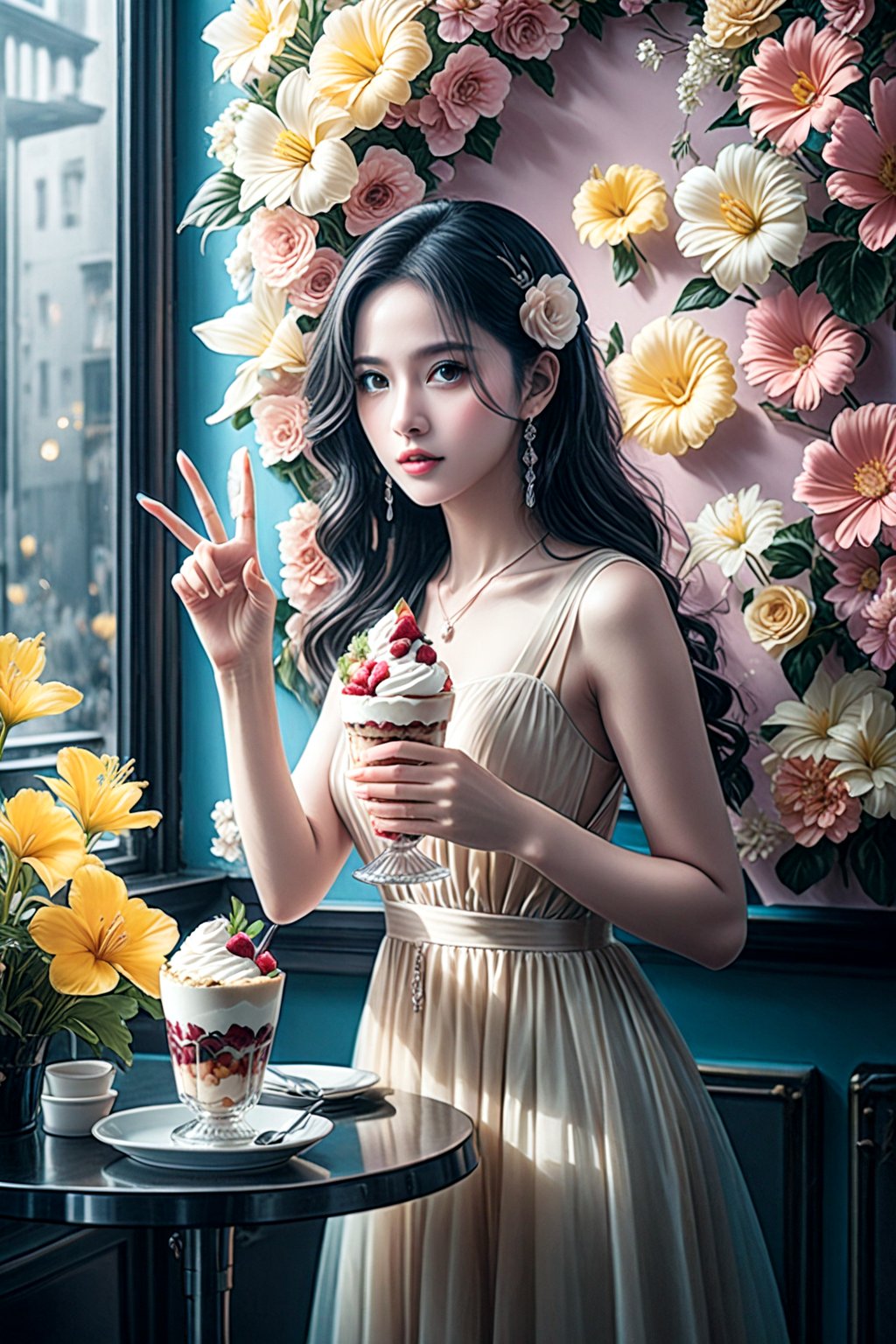 high contrast, highly detailed, 4k, 8k, HD,  digital art, ultra detailed, (masterpiece, top quality, best quality, official art, perfect face:1.2), UHD, (cinematic, azure and light pink:0.85), 32K, (Beautifully Detailed Face and Fingers), (muted colors, dim colors), vanilla dress, young beautiful girl, dynamic posing, art, 1girl, pop culture modern aesthetic cafe, bright, (flower wall:2), (parfait, dessert :1.4), (Five Fingers for Each Hand), (5fingers, detailed hand:1.2),(fine fingers, real hands, real fingers :1.5),More Details