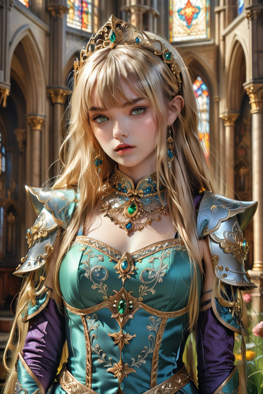 masterpiece, official art, ((ultra detailed)), (ultra quality), high quality, perfect face, 1 girl with long hair, blond-green hair with bangs, bronze eyes, detailed face, wearing a fancy ornate (((folk dress))), shoulder armor, armor, glove, hairband, hair accessories, striped, holding the great weapon, jewelery, thighhighs, pauldrons, side slit, capelet, vertical stripes, looking at viewer, fantastical and ethereal scenery, daytime, church, grass, flowers. Intricate details, extremely detailed, incredible details, full colored, complex details, hyper maximalist, detailed decoration, detailed lines, best quality, HDR, dynamic lighting, perfect anatomy, realistic, more detail,
,Architectural100,nsfw