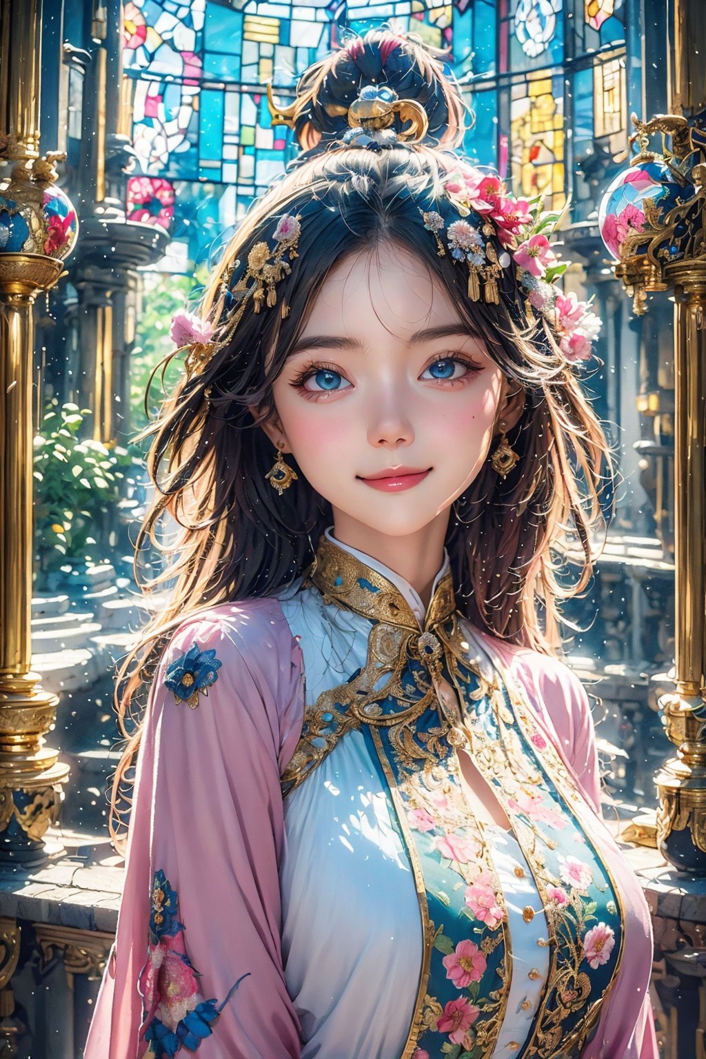 1girl, solo, (masterpiece), (absurdres:1.3), (ultra detailed), HDR, UHD, 16K, ray tracing, vibrant eyes, perfect face, award winning photo, beautiful, shiny skin, (highly detailed), clear face, teenage cute delicate girl, (shy blush:1.1), (high quality, high res, aesthetic:1.1), (dynamic action pose:1.3) ,slightly smile, lens flare, photo quality, big dream eyes, ((perfect eyes, perfect fingers)), iridescent brown hair, vivid color, perfect lighting, perfect shadow, realistic, stunning light, (atmosphere :1.6), nice hands, insane details ,high details ,kawaii, (extra wide shot: 1.8)

(Sharp focus realistic illustration:1.2), a giant glass sphere containing a small ecosystem, surrounded by measurement devices is installed in large-scale factory, a girl Priest stands next to the sphere, divine magic, sacred texts, ceremonial robes, incense, healing spells, blessing rituals, BREAK intricate illustrations, delicate linework, fine details, whimsical patterns, enchanting scenes, dreamy visuals, captivating storytelling, church and stain glass background, messy interior, book, elemental, feature, holy, holding stuff, flower, ((pink gold style)),Add more details,