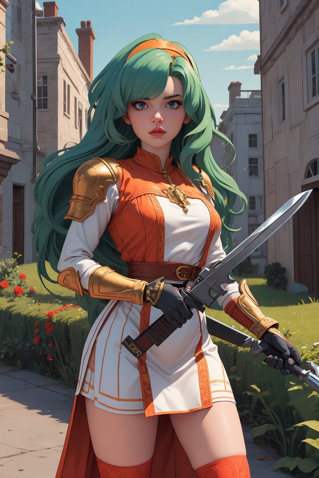 masterpiece, official art, ((ultra detailed)), (ultra quality), high quality, perfect face, 1 girl with long hair, blond-green hair with bangs, bronze eyes, detailed face, wearing a fancy ornate (((folk dress))), shoulder armor, armor, glove, hairband, hair accessories, striped, (holding the great weapon:1.7), jewelery, thighhighs, pauldrons, side slit, capelet, vertical stripes, looking at viewer, fantastical and ethereal scenery, daytime, church, grass, flowers. Intricate details, extremely detailed, incredible details, full colored, complex details, hyper maximalist, detailed decoration, detailed lines, best quality, HDR, dynamic lighting, perfect anatomy, realistic, more detail, Architect,Yumika_animahjong_x