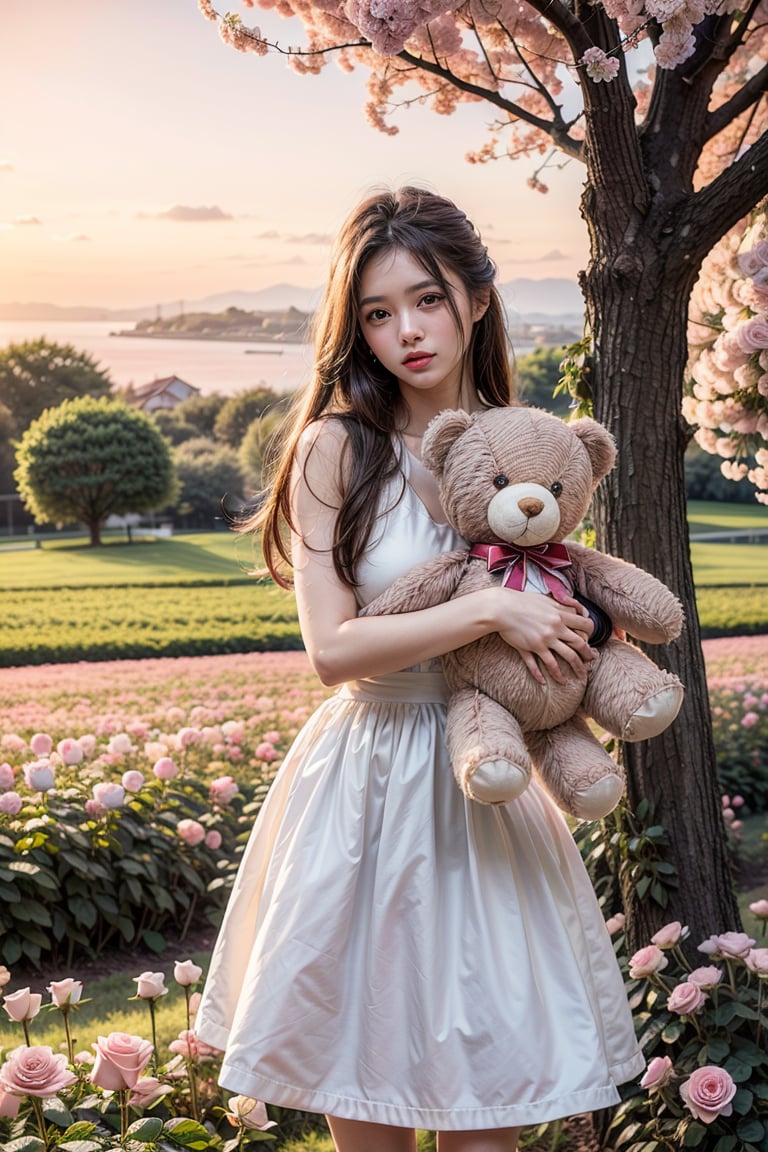 ultra detailed,  (masterpiece,  top quality,  best quality,  official art,  perfect face:1.2),  UHD,(cinematic, azure and light pink:1),  (muted colors,  dim colors),  falling petals , happiness, (trendy cloth :1.4), fashion dress, (full field roses :1.4), (((hold a teddy bear))), (dynamic action posing), tree house, park, swing, (pink-yellow sky :1.2), cute_girl, pastel flowers , lilac, rose, Line art,1girl, Light master