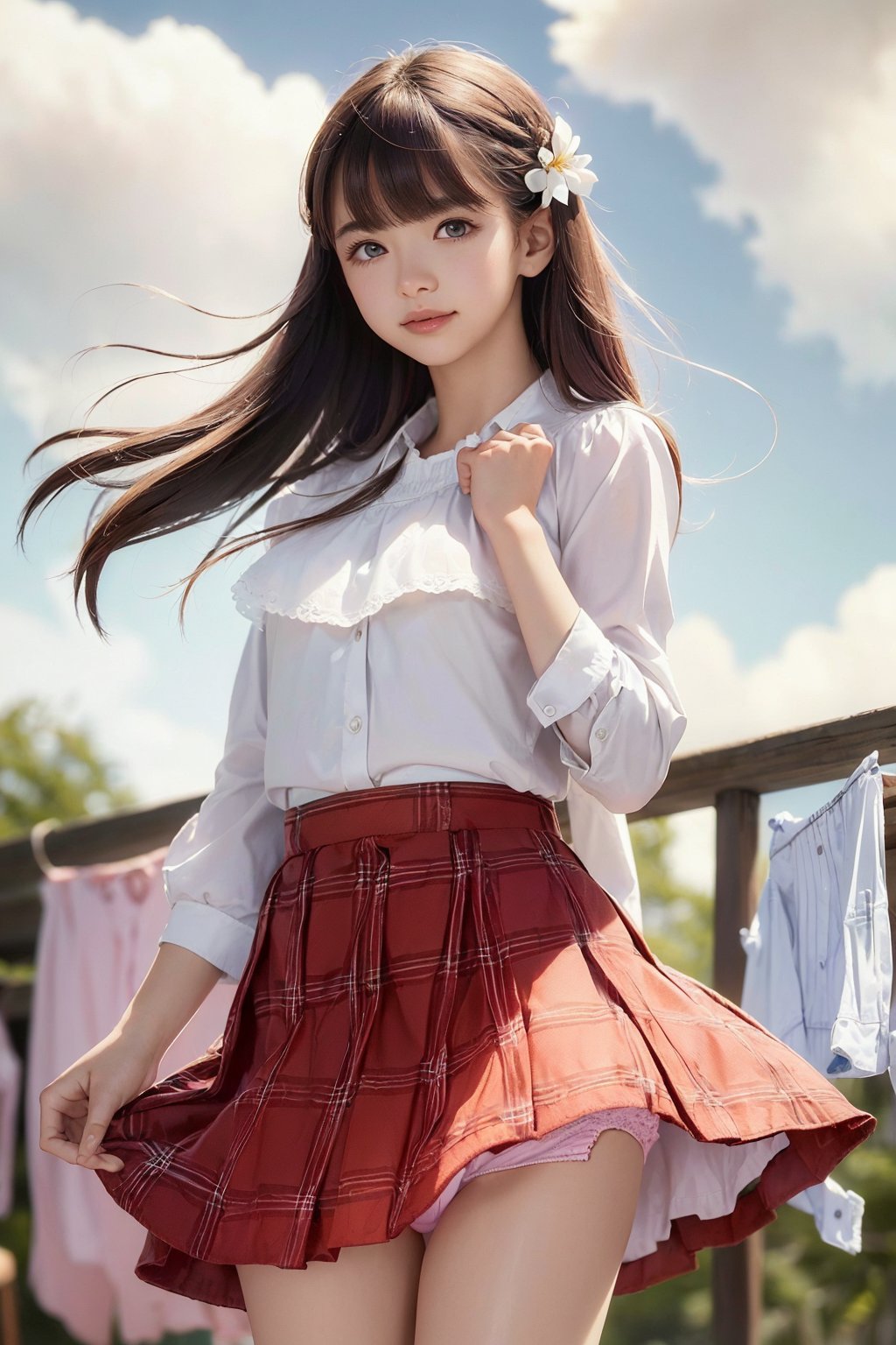 kawaii, (Realistic: 1.2), (illustration: 1.2), full body, (masterpiece:1.4), (best quality:1.1), high resolution illustration, coloful, intricate details, cinematic light, depth of field, (finely detailed face), (beautiful face:1.3), (extra wide shot:1.3), (white blouse:1.3), cute skirt, ((ultra-detailed hair)), brilliant color, 8K, 16K, UHD, HDR, 1girl, (masterpiece, best quality official art :1.2), ((beautiful backyard)) ,cat,flower,grass,highres, laundry basket,
(Clothes line, drying clothes:1.3), (strong wind, overcast sky :1.6), leaves, dust flying, collecting clothes on the clothes line. All around were laundry baskets and pets. Some things started to fly because of the strong wind. One of the girl's hands held onto her skirt. (The skirt was revealing the cute panties she was wearing:1.4),qztarot