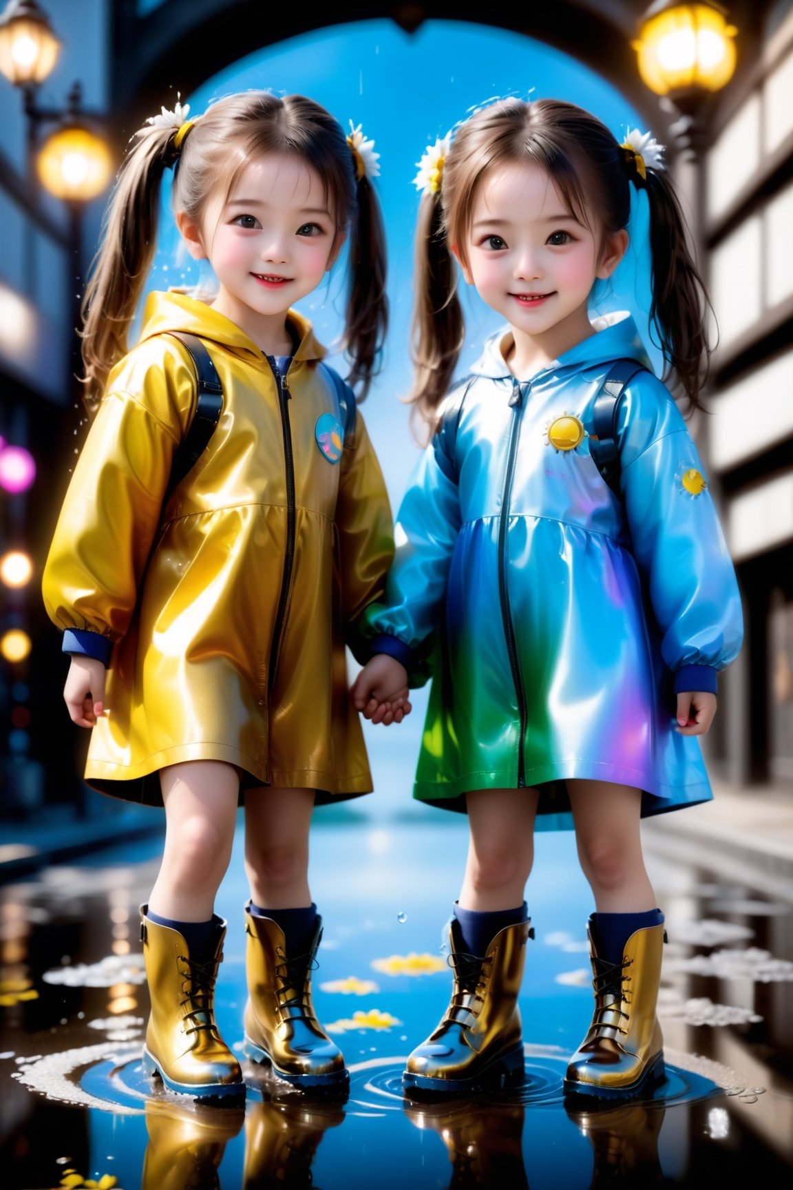 HDR, UHD, 16K, ultra detailed, (masterpiece, top quality, best quality, official art :1.2),( high res:1.2)(photorealistic:1.37), beautiful Two girls playing in puddles wearing rain boots. In the center of the puddles,  there is a clear reflection of the transparent water surface with bright light reflecting upon it. The girls are dressed in yellow raincoats and wearing boots,  allowing them to play in the puddles without getting wet. One of them is an energetic girl with her hair tied up in pigtails,  while the other has cute short twin tails. Holding hands,  they jump and frolic,  creating splashes of water. The weather is fine after the rain,  and a vibrant rainbow stretches across the background,  creating a joyful atmosphere,  Dark night,  wind blowing,  stary night,  night sky,  absurderes,  high resolution,  Ultra detailed backgrounds,  highly detailed hair,  Calm tones,  (Geometry:1.42), (Symmetrical background:1.4),  Photograph the whole body,  from below,  Backlighting of natural light,  falling petals,  the source of light is the moon light,  colorful wear,  (adorable difference face:1.4), (sharp focus:1.3), cyberpunk style,apex realistic XL