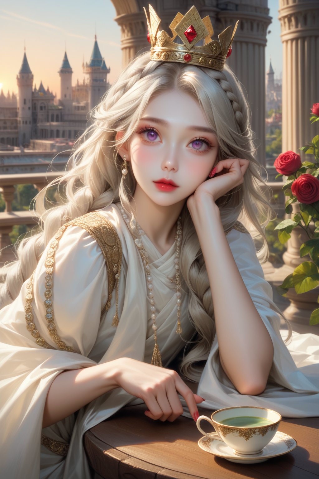 high resolution, (1 girl 15 years old), solo, ((extra wide shot)), Waist up portrait, (long hair:1.6), dynamic hair color, ((absurdly  green and platinum hair, Twisted Crown Braid, with French braids)), garnet hair color, purple eyes, (ultra detailed), High quality shadow, 4K, ((beautiful face)), beautiful body, (beauty skin), best quality, ((masterpiece)), vintage end table, (Full fry breakfast on sunny morning food), (vintage tea cup with hot tea with steamed), extremely detailed cg, suggestive, (intricate details: 1.3), slim waist, (high quality wear and cloth), Ruffle Pleated Chiffon taffy dress, realistic, illustration, (outdoor), peacock, look at viewer, best ratio four finger and one thumb, ((behind view:1.6)), (sunrise in the field),  ((arctic cloth color)), quality hand, High quality texture, a realistic representation of the face, (lie face down: 1.4), clear light, Red and peach roses in gold flower, ((an ancient fantasy city and castle background)), (Beautiful and clean nails), pearls, ornament, 
(score_9, score_8_up), score_7_up, score_6_up