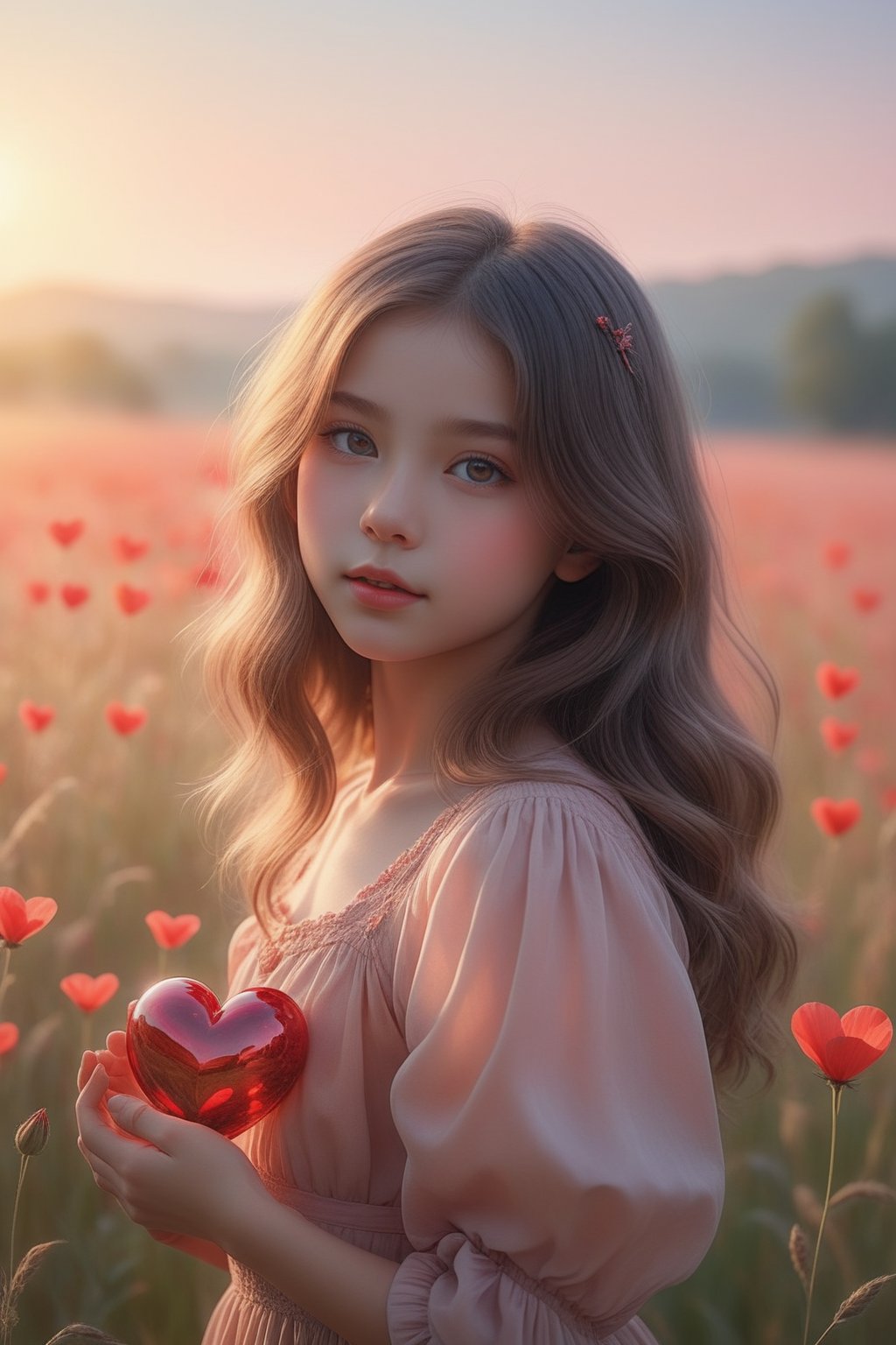 (masterpiece), (absurdres:1.3), (ultra detailed), HDR, UHD, 16K, ray tracing, vibrant eyes, perfect face, award winning photo, A silhouette of a young girl with flowing hair, standing in a field. She holds a red heart-shaped object, possibly a flower, in her hand. The background is framed within a heart shape, with a gradient of colors transitioning from a light beige at the top to a darker hue at the bottom. The overall mood of the image is serene and dreamy, evoking feelings of love and tranquility., painting, conceptual art, illustration shiny skin, (shy blush:1.1), (dynamic action pose:1.3) ,slightly smile, lens flare, photo quality, big dream eyes, ((perfect eyes, perfect fingers)) ,kawaii, (Sharp focus realistic illustration:1.2), adorable,