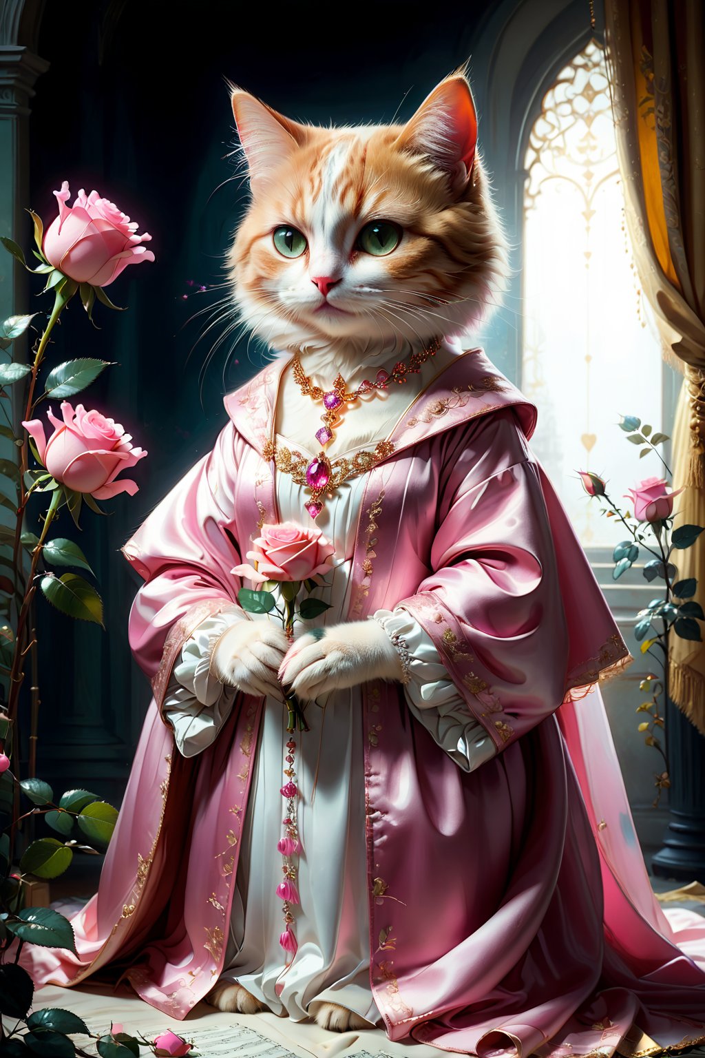 royal cat holding pink rose,clad in opulent robe,moonshine necklace,Little love around,floral sheet music background
Oil painting inspired by the style of Silke Leffler, Lisbeth Zwerger, Rebecca Dautremer, and  sandro nardini,
sharp focus, emotive brushstrokes,
strong chiaroscuro for heightened contrast between light and shadows,
creating a tangible sense of depth and perspective, realistic drawings,More Details, stworki