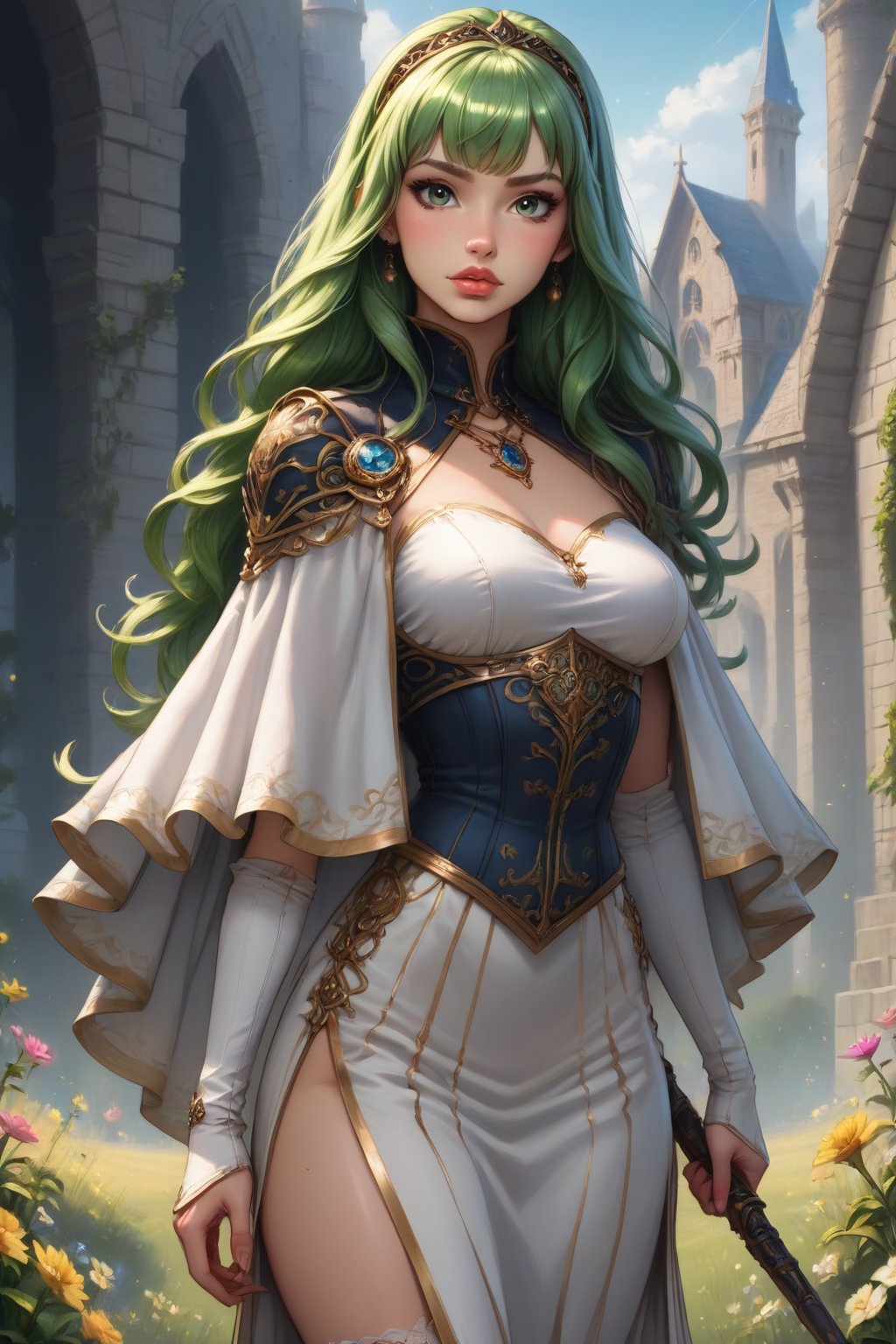 score_9, score_8_up, score_8, masterpiece, official art, ((ultra detailed)), (ultra quality), high quality, perfect face, 1 girl with long hair, blond-green hair with bangs, bronze eyes, detailed face, wearing a fancy ornate (((folk dress))), shoulder armor, armor, glove, hairband, hair accessories, striped, (holding the great weapon :1.4), jewelery, thighhighs, pauldrons, side slit, capelet, vertical stripes, looking at viewer, fantastical and ethereal scenery, daytime, church, grass, flowers. Intricate details, extremely detailed, incredible details, full colored, complex details, hyper maximalist, detailed decoration, detailed lines, best quality, HDR, dynamic lighting, perfect anatomy, realistic, more detail, Architecture, full juicy lips, perfect green eyes, (soft cute face)