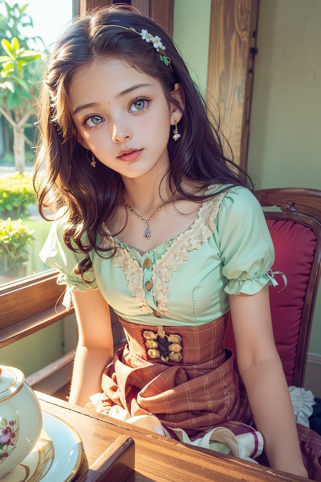 adorable girl dressed in a (Bisque Doll-like girl outfit: 1.1), high resolution, perfect eyes:1.3, perfect face:1.3, long eyelashes, (masterpiece:1.3), best quality, nostalgic, (realistic: 1.4), (illustration: 1.2), random hair color, short hair, ((1 girl)), (14years old, female child, loli:1.4), cute face, maid costume, pretty eyes, (making tea: 1.6), big cleaning, clutter, (Ray tracing: 1.3), (extremely detailed CG), clear delicate faces, Angelonia, Rich red dress with lots of lace and frills, (Waist up body: 1.5), perfect lighting, perfect shading, rim light, perfect anatomy, perfect hands, 
(best quality, masterpiece), gazebo, ((Bright Periwinkle)), (funny pose:1.3), action pose, hands up, flower pattern, flower pot, (green-purple eyes:1.3) red hair and wavy hair, very cute hair