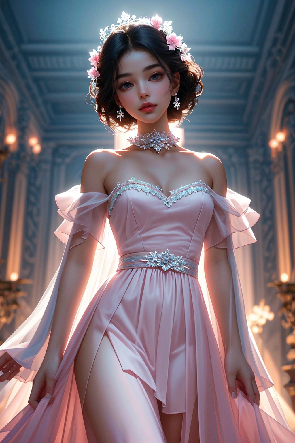 ultra detailed,  (masterpiece,  top quality,  best quality,  official art, perfect face:1.2),  UHD,(cinematic, azure and light pink:0.85), 32K, (Beautifully Detailed Face and Fingers), (Five Fingers) Each Hand,  (muted colors,  dim colors), vanilla dress, young beautiful girl, dynamic posing, old Library, magic, potions shop, art, 1girl, Haute_Couture,AoiDef,