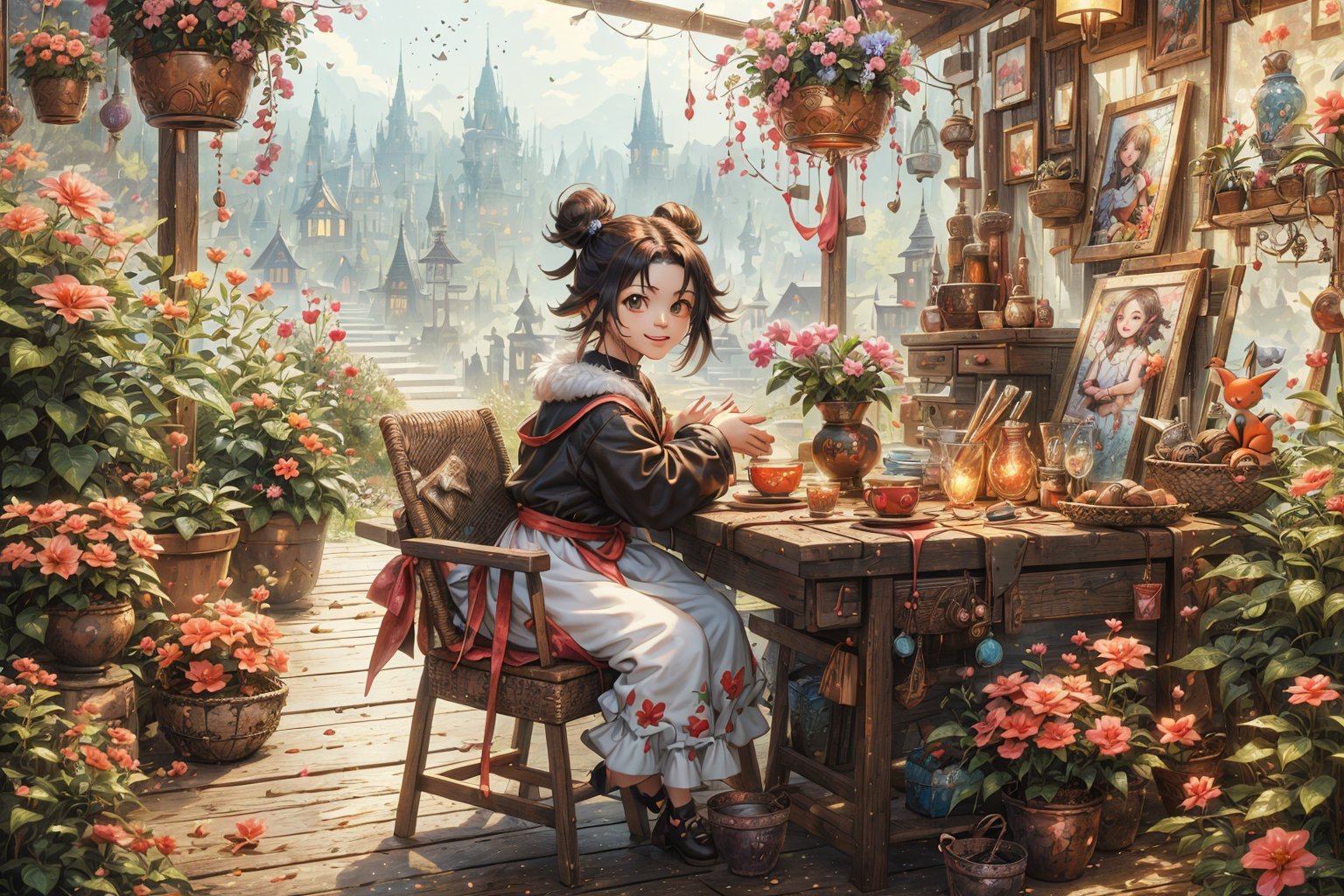 (best quality,ultra-detailed,cute animals,vivid colors,soft lighting,digital illustration,fluffy fur,playful expressions,adorable poses,dreamy atmosphere,colorful surroundings), (art by Makoto :1.5), (hair bun, cute hair), digital art, child, cute cat, 16K, cool wallpaper, things, jasmine, pillows, clutter, toy, basket, wood, pot, can copper, garden yard, circle face, smile, sharp focus, HDR, Add more details