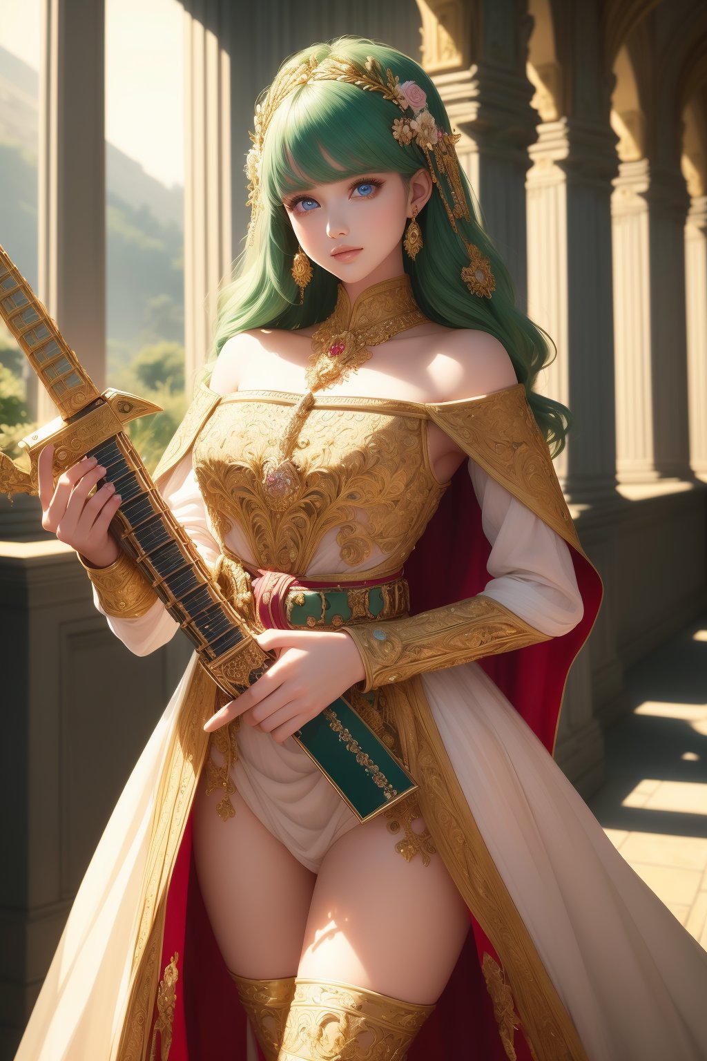 (masterpiece), (absurdres:1.3), (ultra detailed), HDR, UHD, 16K, ray tracing, vibrant eyes, perfect face, award winning photo, 1 girl with long hair, blond-green hair with bangs, bronze eyes, detailed face, wearing a fancy ornate (((folk dress))), shoulder armor, armor, glove, hairband, hair accessories, striped, (holding the great weapon:1.7), jewelery, thighhighs, pauldrons, side slit, capelet, vertical stripes, looking at viewer, fantastical and ethereal scenery, daytime, church, grass, flowers. Intricate details, extremely detailed, incredible details, full colored, complex details, hyper maximalist, detailed decoration, detailed lines, best quality, dynamic lighting, perfect anatomy, realistic, more detail, ,Architect, shiny skin, (shy blush:1.1), (dynamic action pose:1.3) ,slightly smile, lens flare, photo quality, big dream eyes, ((perfect eyes, perfect fingers)) ,kawaii, (Sharp focus realistic illustration:1.2), holding stuff, ,candystyle,philia,portrait