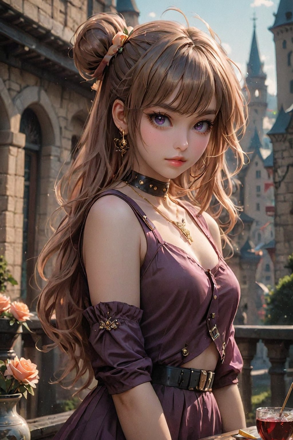 high resolution, (1 girl 15 years old), solo, ((extra wide shot)), cowboy shot, Waist up portrait, (long hair:1.6), (hair bun), garnet hair color, purple eyes, (ultra detailed), High quality shadow, 4K, ((beautiful face)), beautiful body, (beauty skin), best quality, ((masterpiece)), vintage end table, (Full fry breakfast on sunny morning food), (vintage tea cup with hot tea with steamed), extremely detailed cg, suggestive, (intricate details: 1.3), slim waist, (high quality wear and cloth), Ruffle Pleated Chiffon taffy dress, realistic, illustration, (outdoor), peacock, look at viewer, best ratio four finger and one thumb, ((behind view:1.6)), (sunrise in the field),  ((arctic cloth color)), quality hand, High quality texture, a realistic representation of the face, (lie face down: 1.4), clear light, Red and peach roses in gold flower, ((an ancient fantasy city and castle background)), (Beautiful and clean nails), pearls, ornament, 
(score_9, score_8_up), score_7_up, score_6_up