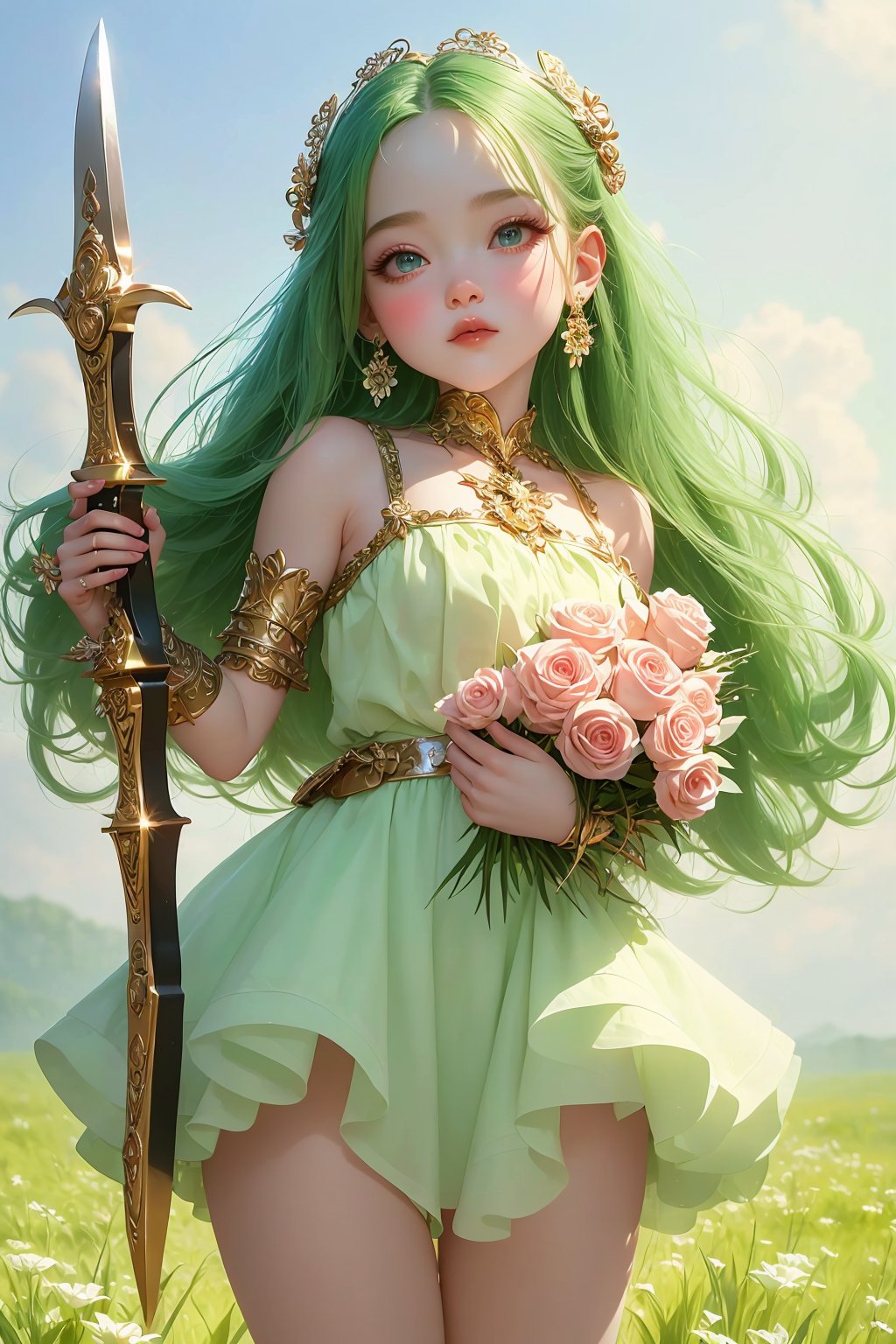 (masterpiece), (absurdres:1.3), (ultra detailed), HDR, UHD, 16K, ray tracing, vibrant eyes, perfect face, award winning photo, 1 girl with long hair, blond-green hair with bangs, bronze eyes, detailed face, wearing a fancy ornate (((folk dress))), shoulder armor, armor, glove, hairband, hair accessories, striped, (holding the great weapon:1.7), jewelery, thighhighs, pauldrons, side slit, capelet, vertical stripes, looking at viewer, fantastical and ethereal scenery, daytime, church, grass, flowers. Intricate details, extremely detailed, incredible details, full colored, complex details, hyper maximalist, detailed decoration, detailed lines, best quality, dynamic lighting, perfect anatomy, realistic, more detail, ,Architect, shiny skin, (shy blush:1.1), (dynamic action pose:1.3) ,slightly smile, lens flare, photo quality, big dream eyes, ((perfect eyes, perfect fingers)) ,kawaii, (Sharp focus realistic illustration:1.2), holding stuff, ,candystyle,philia,TG,Detailedface