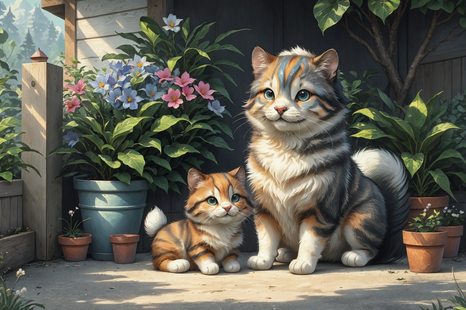 (best quality,ultra-detailed,cute animals,vivid colors,soft lighting,digital illustration,fluffy fur,playful expressions,adorable poses,dreamy atmosphere,colorful surroundings), (art by Makoto :1.5), digital art, child, cute cat, 16K, cool wallpaper, things, jasmine, pillows, clutter, toy, basket, wood, pot, can copper, garden yard, circle face, smile, sharp focus, HDR, Add more details