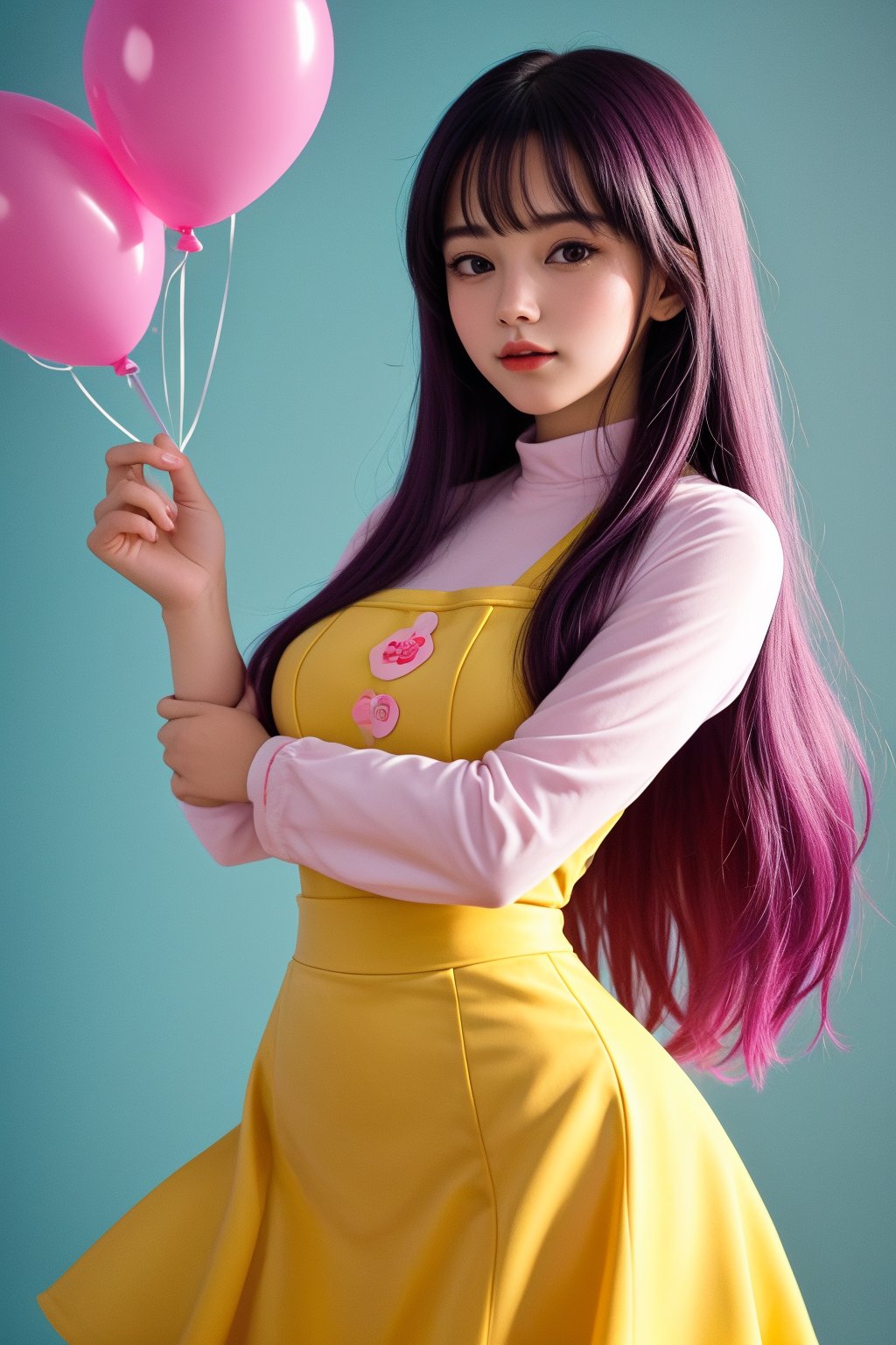 masterpiece, best quality, incredibly absurdres, 1girl, colorful balloon, macaroni, sweet cake, ,dynamic pose, happy, closed mouth, cute casual outfit, very long hair, multi colored hair, confetti, upper body, bangs
