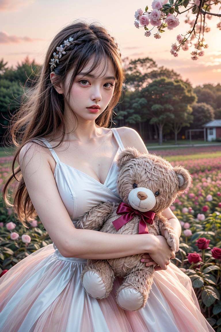 ultra detailed,  (masterpiece,  top quality,  best quality,  official art,  perfect face:1.2),  UHD,(cinematic, azure and light pink:1),  (muted colors,  dim colors),  falling petals , happiness, (trendy cloth :1.4), fashion dress, (full field roses :1.4), (((hold a teddy bear))), (dynamic action posing), tree house, park, swing, (pink-yellow sky :1.2), cute_girl, pastel flowers , lilac, rose, Line art,1girl, Light master