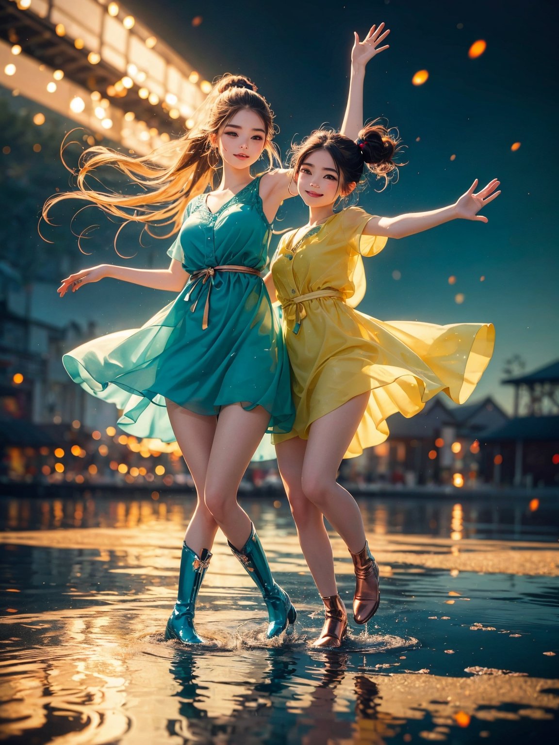 (Happily:1.4), (ultra detailed), ultra high res, (photorealistic:1.4), official art Two girls playing in puddles wearing rain boots. In the center of the puddles,  there is a clear reflection of the transparent water surface with bright light reflecting upon it. The girls are dressed in yellow raincoats and wearing boots, allowing them to play in the puddles without getting wet. One of them is an energetic girl with her hair tied up in pigtails,  while the other has cute short twin tails. Holding hands,  they jump and frolic,  creating splashes of water. The weather is fine after the rain,  and a vibrant rainbow stretches across the background. The colors of the rainbow harmonize with the girls' smiles,  creating a joyful atmosphere,  colorful wear,  (adorable difference face:1.4), (perfect body:1.4), (photo-realisitc),  night background,  exposure blend,  medium shot,  bokeh,  high contrast,  (cinematic,  teal and green:0.85), (muted colors, dim colors, soothing tones:1.3),  low saturation,  the atmosphere is fun and full of happiness. The sky was filled with colorful fireworks. on a city light embers of memories,  colorful, night background, exposure blend,  medium shot, bokeh, high contrast,  Adorable cloth, bioluminescent dress,  shiny,  (high quality:1.3), (masterpiece, best quality:1.4),  (ultra detailed, 8K, 16K, ultra highres), sharp focus,  professional dslr photo, (UHD:1.4), HDR, volumetric fx,  ray tracing, (((intricate details))), extremely detailed CG,  perfect anatomy,  perfect face,  beautiful girl, cinematic photo,  perfect photography,  professional, perfect sky,  ((copper style)), glitter, gradient color all fluentcolor transparent cloth, Ghibli, (professional photograpy:1.1), real hands, little_cute_girl, 1 line drawing,