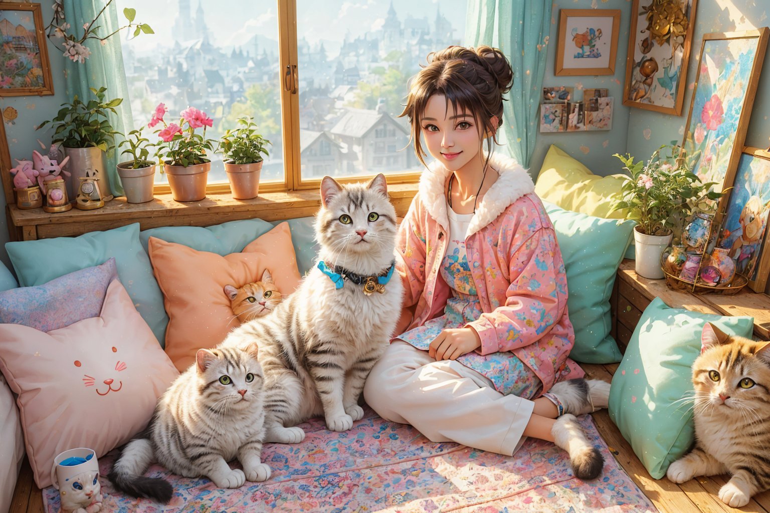 (best quality,ultra-detailed,cute animals,vivid colors,soft lighting,digital illustration,fluffy fur,playful expressions,adorable poses,dreamy atmosphere,colorful surroundings), (art by Makoto :1.5), digital art, child, cute cat, 16K, cool wallpaper, things, jasmine, pillows, clutter, toy, basket, wood, pot, can copper, garden yard, circle face, smile, sharp focus, HDR, Add more details,window, (cute bun hair)