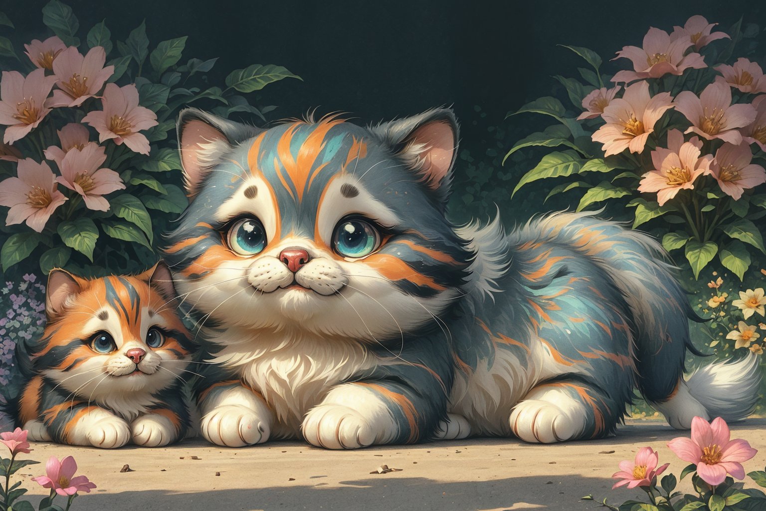 (best quality,ultra-detailed,cute animals,vivid colors,soft lighting,digital illustration,fluffy fur,playful expressions,adorable poses,dreamy atmosphere,colorful surroundings), (art by Makoto :1.5), digital art, child, cute cat, 16K, cool wallpaper, things, jasmine, pillows, clutter, toy, basket, wood, pot, can copper, garden yard, circle face, smile, sharp focus, HDR, Add more details