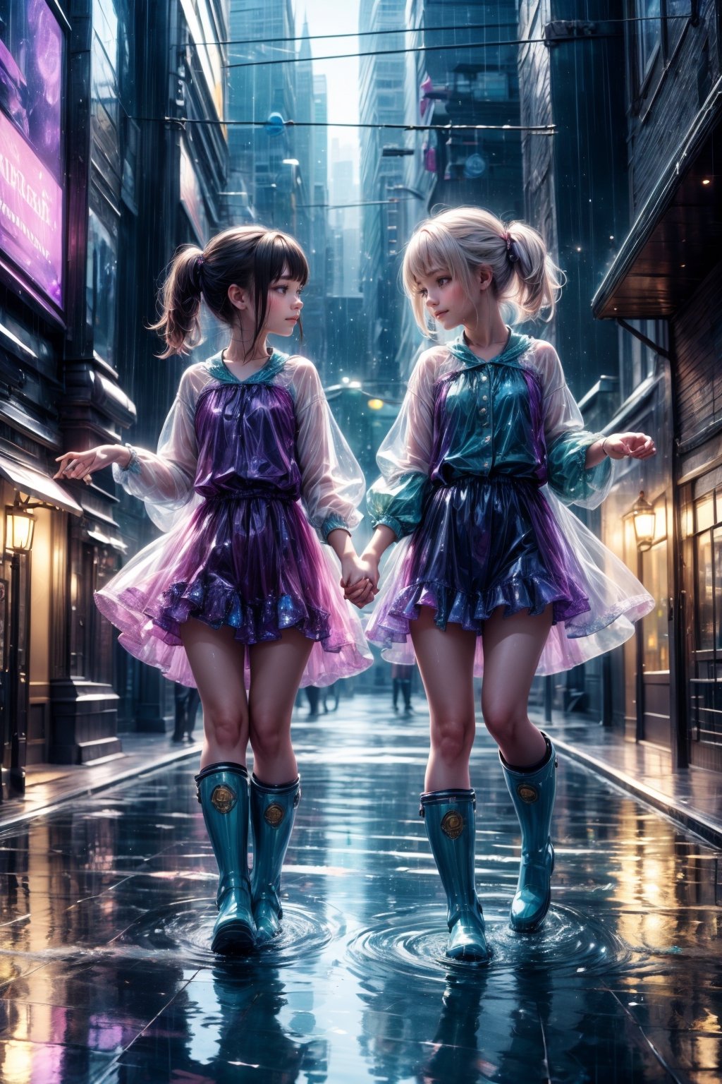 verry happy, smile face, hdr, (intricate details, hyperdetailed:1.2), detailed face, detailed eyes, cinematic shot, (nice hands, perfect fingers), Two girls playing in puddles wearing rain boots. In the center of the puddles, there is a clear reflection of the transparent water surface with bright light reflecting upon it. The girls are dressed in yellow raincoats and wearing boots, allowing them to play in the puddles without getting wet. One of them is an energetic girl with her hair tied up in pigtails, while the other has cute short twin tails. Holding hands, they jump and frolic, creating splashes of water. The weather is fine after the rain, and a vibrant rainbow stretches across the background. The colors of the rainbow harmonize with the girls' smiles, creating a joyful atmosphere, colorful wear, (adorable difference face:1.4), colorful, (photo-realisitc), night background, exposure blend, medium shot, bokeh, (hdr:1.4), high contrast, (cinematic, teal and green:0.85), (muted colors, dim colors, soothing tones:1.3), low saturation, highly detailed CG unified 8K wallpapers, 