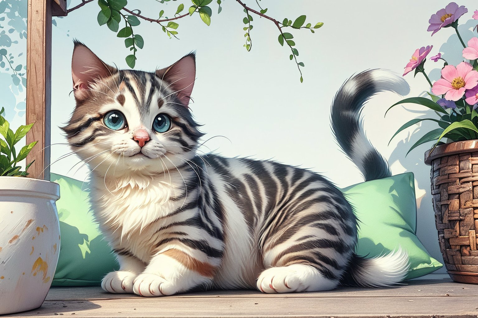 (best quality,ultra-detailed,cute animals,vivid colors,soft lighting,digital illustration,fluffy fur,playful expressions,adorable poses,dreamy atmosphere,colorful surroundings), (art by Makoto :1.5), digital art, child, cute cat, 16K, cool wallpaper, things, jasmine, pillows, clutter, toy, basket, wood, pot, can copper, garden yard, circle face, smile, sharp focus, HDR, cute hair,onitsukaAdd more details