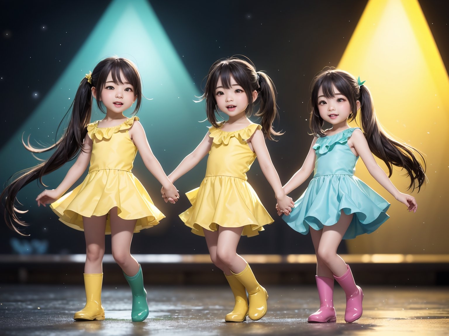 Raw photo,  Two girls playing in puddles wearing rain boots. In the center of the puddles,  there is a clear reflection of the transparent water surface with bright light reflecting upon it. The girls are dressed in yellow raincoats and wearing boots,  allowing them to play in the puddles without getting wet. One of them is an energetic girl with her hair tied up in pigtails,  while the other has cute short twin tails. Holding hands,  they jump and frolic,  creating splashes of water. The weather is fine after the rain,  and a vibrant rainbow stretches across the background. The colors of the rainbow harmonize with the girls' smiles,  creating a joyful atmosphere,  colorful wear,  (adorable difference face:1.4),  colorful,  (photo-realisitc),  night background,  exposure blend,  medium shot,  bokeh,  (hdr:1.4),  high contrast,  (cinematic, teal and green:0.85),  (muted colors, dim colors,  soothing tones:1.3),  low saturation,