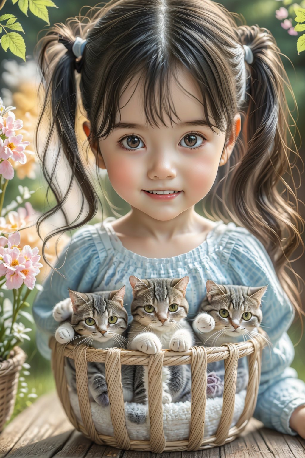 (best quality,ultra-detailed,cute animals,vivid colors,soft lighting,digital illustration,fluffy fur,playful expressions,adorable poses,dreamy atmosphere,colorful surroundings), (art by Makoto :1.5), digital art, child, cute cat, 16K, cool wallpaper, (pretty hair, long hair), things, jasmine, pillows, clutter, toy, basket, wood, pot, can copper, garden yard, circle face, smile, sharp focus, HDR,Cosplay,onitsuka_natsumi_lovelivesuperstar,Add more details