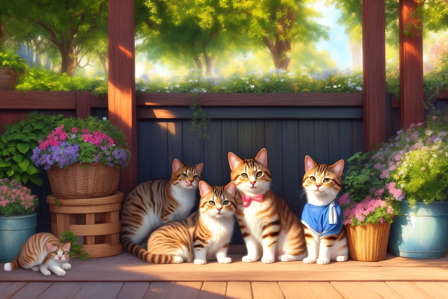 (best quality,ultra-detailed,cute animals,vivid colors,soft lighting,digital illustration,fluffy fur,playful expressions,adorable poses,dreamy atmosphere,colorful surroundings), (art by Makoto :1.5), digital art, child, cute cat, 16K, cool wallpaper, things, jasmine, pillows, clutter, toy, basket, wood, pot, can copper, garden yard, circle face, smile, sharp focus, HDR,Cosplay