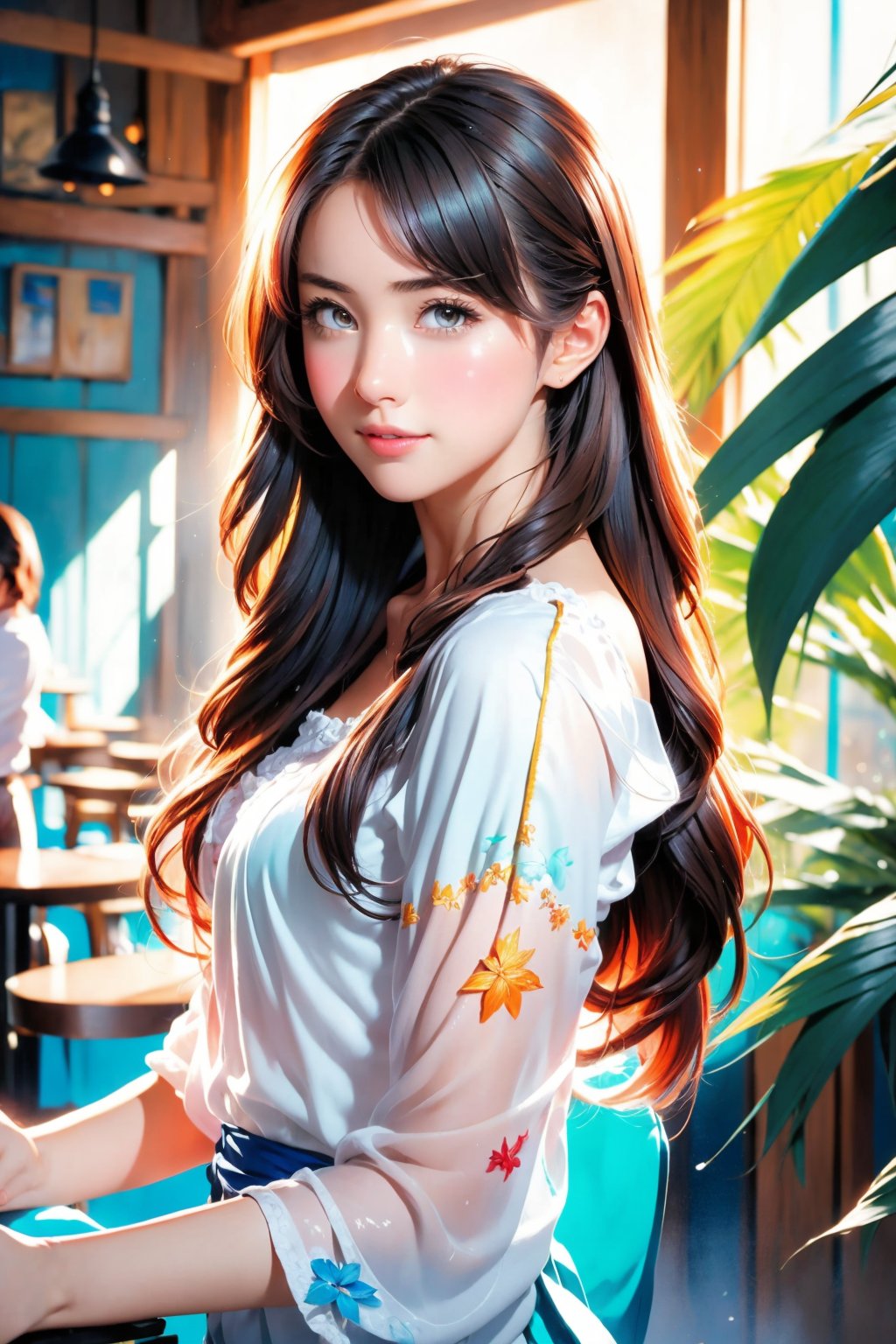 kawaii, (Realistic: 1.2), (illustration: 1.2), (in cafe:1.5), full body, (masterpiece:1.4), (best quality:1.1), high resolution illustration, coloful, intricate details, cinematic light, depth of field, (finely detailed face), (beautiful face:1.3), (extra wide shot:1.3), (white blouse:1.3), ((ultra-detailed hair)), brilliant color, 8K, 16K, UHD, HDR, ultra detailed, perfect light, perfect shadows, David Hockney and Vincent Van Gogh, Blue and orange, Tempera painting, Colorful Shadows, Rounded edges on everything, A view from inside a Florida beach house, ocean, palm trees, moonstone tones, sunset, beautiful ocean, secluded, tropical paradise, correct wave direction toward the beach, cinematic smooth, volumetric lighting, ray tracing, high dynamic range, ultra-realistic, complex detail, atmospheric, maximalist digital matte painting, detailed matte painting, detailed, fantastical, splash screen, complementary colors, fantasy concept art, resolution, centered, divine bright, cinematic smooth, volumetric lighting, creative, surreal hallucinatory intricately detailed sharp focus, professional ominous concept art, an intricate, grunge textures, clean and bold, cinematic composition, golden ratio, pencil and kneaded eraser, sharp focus, ambient occlusion, backface lighting, rim light, pastel colors, sense of depth, trending on zbrush central highly detailed, maximalist digital matte painting, detailed matte painting, fantastical, splash screen, complementary colors, fantasy concept art, centered, symmetry, heavenly sunshine beams, divine bright, sharp focus,DonMD0n7P4n1c,Colors,********