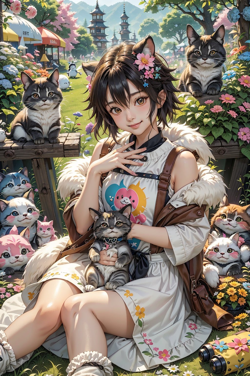 (best quality,ultra-detailed,cute animals,vivid colors,soft lighting,digital illustration,fluffy fur,playful expressions,adorable poses,dreamy atmosphere,colorful surroundings), (art by Makoto :1.5), digital art, child, cute cat, 16K, cool wallpaper, things, jasmine, pillows, clutter, toy, basket, wood, pot, can copper, garden yard, circle face, smile, sharp focus, HDR,Cosplay,onitsuka_natsumi_lovelivesuperstar,Add more details