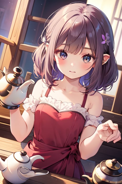 (extremely detailed CG unity wallpaper:1.1), (colorful:0.9),(panorama shot:1.4),16K, UHD, HDR, carnation, perfect shadow, perfect fingers, perfect face, (dynamic angle :1.4), adorable girl dressed in a (Bisque Doll-like girl outfit: 1.1), high resolution, perfect eyes:1.3, perfect face:1.3, long eyelashes, (masterpiece:1.3), best quality, nostalgic, (realistic: 1.4), (illustration: 1.2), random hair color, ((1 girl)), (14years old, loli:1.4), cute face, maid costume, pretty eyes, (making tea: 1.6), big cleaning, clutter, (Ray tracing: 1.3), clear delicate faces, Angelonia, Rich red dress with lots of lace and frills, (Waist up body: 1.5), perfect lighting, perfect shading, rim light, perfect anatomy, perfect hands, (best quality, masterpiece), gazebo, ((Bright Periwinkle)), (funny pose:1.3), action pose, hands up, flower pattern, flower pot, (green-purple eyes:1.3) red hair and wavy hair, very cute hair