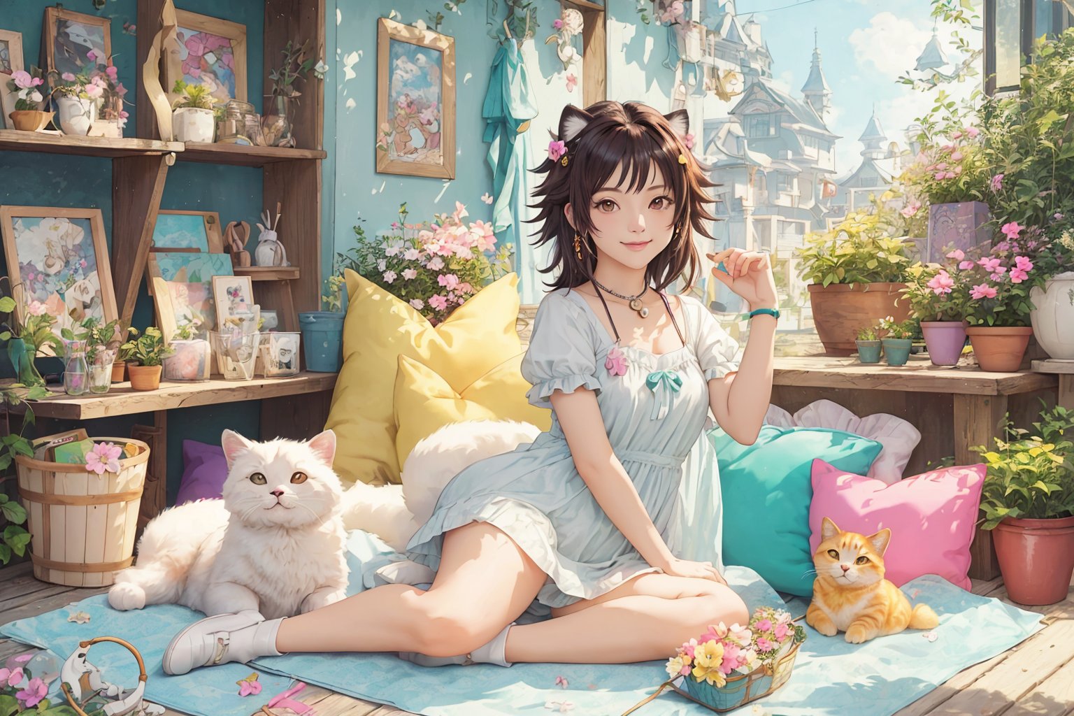 (best quality,ultra-detailed,cute animals,vivid colors,soft lighting,digital illustration,fluffy fur,playful expressions,adorable poses,dreamy atmosphere,colorful surroundings), (art by Makoto :1.5), digital art, child, cute cat, 16K, cool wallpaper, things, jasmine, pillows, clutter, toy, basket, wood, pot, can copper, garden yard, circle face, smile, sharp focus, HDR,Cosplay,onitsuka_natsumi_lovelivesuperstar,Add more details