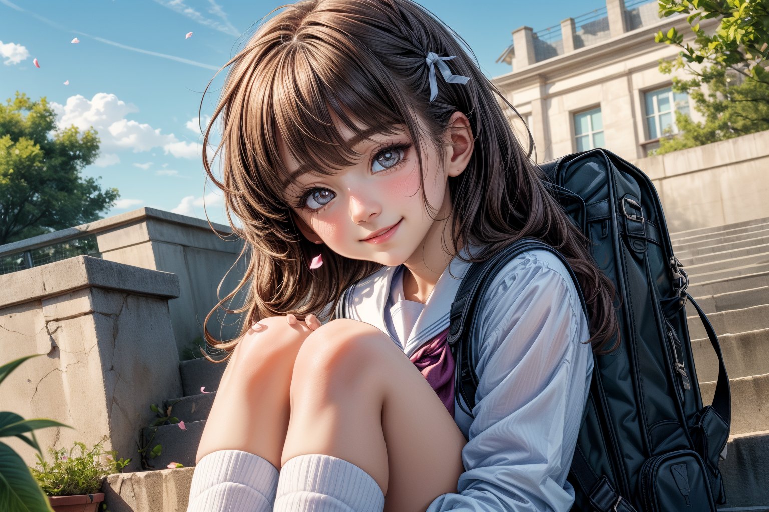 (perfect face), top quality, (official art :1.2), UHD, HDR, 16K, 8K, vivid color, (high quality:1.3), (masterpiece, best quality:1.4), (ultra detailed, ultra highres), sharp focus, extremely detailed CG, cute hair style (illustration:1.2), (photorealisitc :1.37), high contrast, colorful, (school uniform, serafuku) ,stairs, brown hair, outdoors, skirt, socks, bag, long hair, shoes, brown eyes, pleated skirt, black socks, cloud, school bag, loafers, looking at viewer, wind, neckerchief, long sleeves, kneehighs, sailor collar, sky, bangs, white shirt, shirt, hair ribbon, black skirt, railing, brown footwear, hair tucking, petals, leaf, ribbon ,slender hands, (extremely beautiful, super cute:1.3), (detailed face, rosy skin, perfect eyes, detailed pupil), (meal:1.4), fruits, sandwiches, dusk, duck toy, adorable, 1girl, solo, (smile), (dynamic action pose :1.2), (looking at camera:1.3), nice hands, perfect five fingers, intricate details, canteen detailed background ,Charm of beauty ,