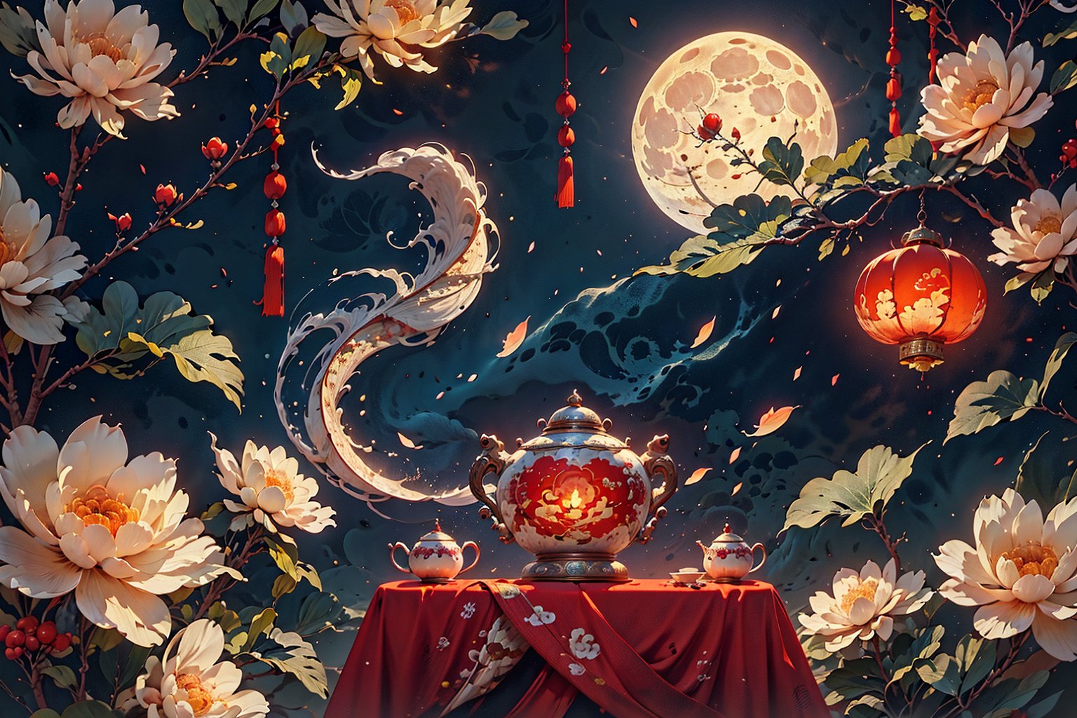 (Best quality, masterpiece, detailed details), Chinese illustration, Chinese traditional festivals, Mid-Autumn Festival, full moon background, many people, detailed details, emotional expressions, a family dinner, the moon, Chinese lanterns, a table of delicious food, Mid-Autumn Festival Festival, traditional culture, there are many people of different styles in the scene, some closer to the front, some closer to the back, full of hidden details, epic scenes, crazy photography 16K resolution