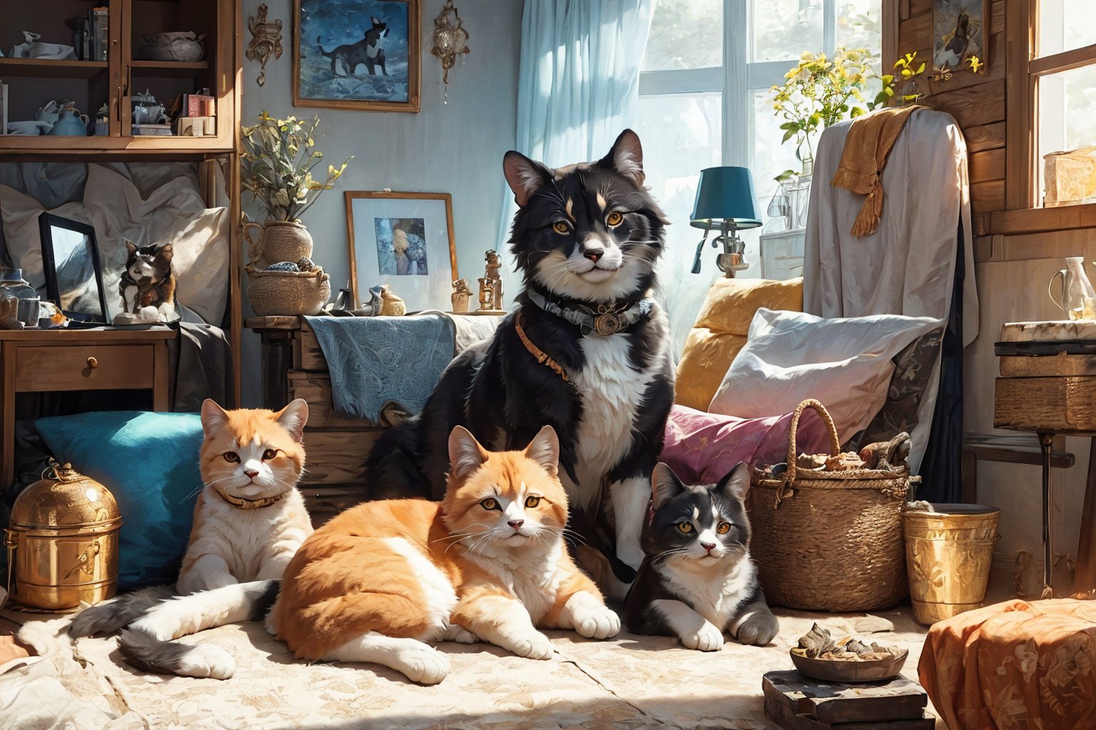 (best quality,ultra-detailed,cute animals,vivid colors,soft lighting,digital illustration,fluffy fur,playful expressions,adorable poses,dreamy atmosphere,colorful surroundings), (art by Makoto :1.5), digital art, child, cute cat, 16K, cool wallpaper, things, jasmine, pillows, clutter, toy, basket, wood, pot, can copper, garden yard, circle face, smile, sharp focus, HDR, long hair, Add more details