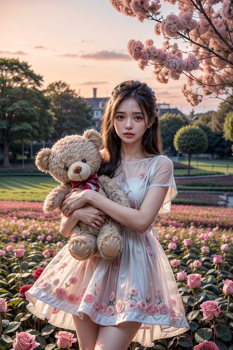 ultra detailed,  (masterpiece,  top quality,  best quality,  official art,  perfect face:1.2),  UHD,(cinematic, azure and light pink:1),  (muted colors,  dim colors),  falling petals , happiness, (trendy cloth :1.4), fashion dress, (full field roses :1.4), (((hold a teddy bear))), (dynamic action posing), tree house, park, swing, (pink-yellow sky :1.2), cute_girl, pastel flowers , lilac, rose, Line art,1girl, Light master