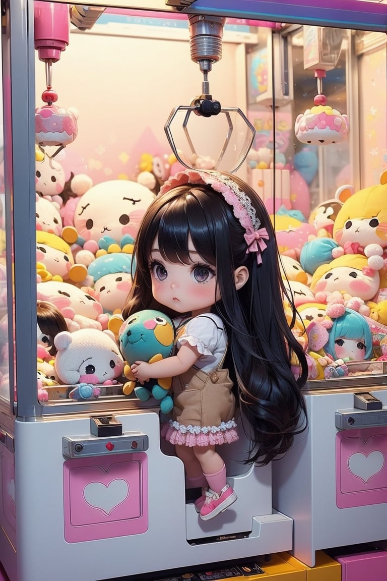 1girl, best quality, ultra-detailed, (((masterpiece))), (((best quality))), extremely detailed, ((claw machine)), ((claw is clamping a doll box up)), hand on bottom panel, control joystick and press button with hand, cleavage, big tits, ribbon, beige lace overalls, black updo longhair, shy, blush, petite figure proportion, claw machine, Glittering, cute and adorable, (perfect lighting, perfect shadow), wide shot, dreamlike scenery, Realism, blending colors,vibrant hues, amazing photo, wearing dress pretty ruffle, cute shoe, hug pillow heart, holding cute doll, Chibi ,UFOCatcher,,