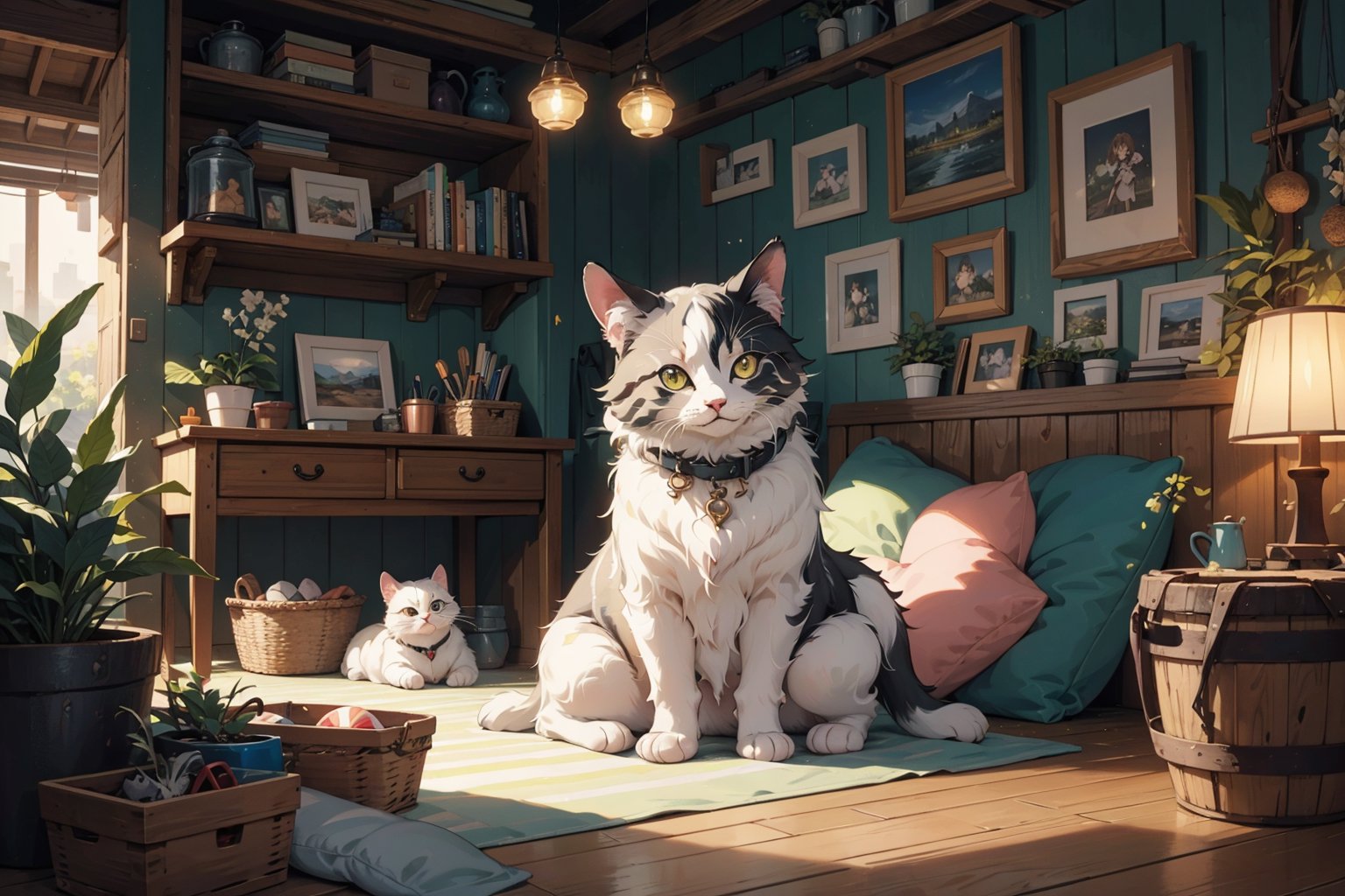 (best quality,ultra-detailed,cute animals,vivid colors,soft lighting,digital illustration,fluffy fur,playful expressions,adorable poses,dreamy atmosphere,colorful surroundings), (art by Makoto :1.5), digital art, child, cute cat, 16K, cool wallpaper, things, jasmine, pillows, clutter, toy, basket, wood, pot, can copper, garden yard, circle face, smile, sharp focus, HDR, cute hair, Add more details,