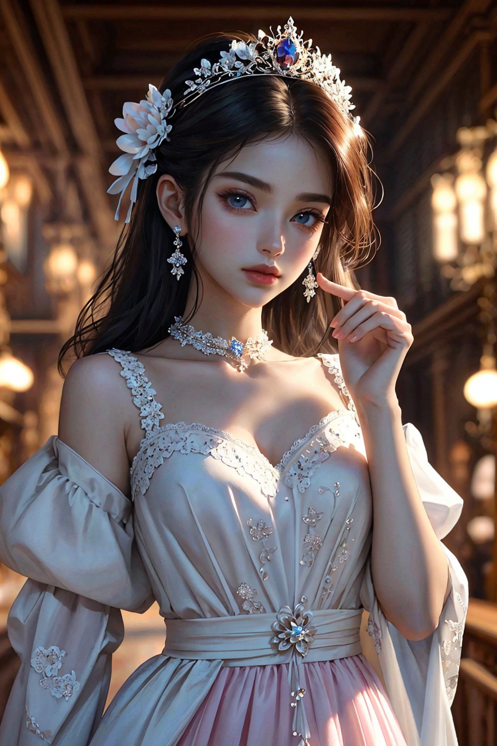 ultra detailed,  (masterpiece,  top quality,  best quality,  official art, perfect face:1.2),  UHD,(cinematic, azure and light pink:0.85), 32K, (Beautifully Detailed Face and Fingers), (Five Fingers) Each Hand,  (muted colors,  dim colors), vanilla dress, young beautiful girl, dynamic posing, old Library, magic, potions shop, art, 1girl, Haute_Couture,AoiDef,