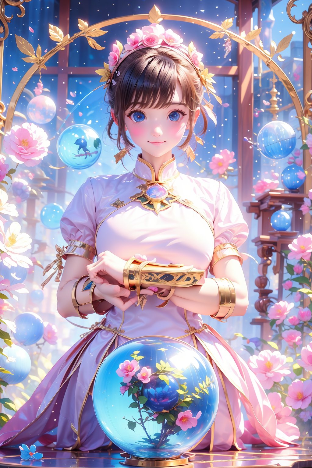 1girl, solo, young, (masterpiece), (absurdres:1.3), (ultra detailed), HDR, UHD, 16K, ray tracing, vibrant eyes, perfect face, award winning photo, beautiful, shiny skin, (highly detailed), clear face, teenage cute delicate girl, (shy blush:1.1), (high quality, high res, aesthetic:1.1), (dynamic action pose:1.3) ,slightly smile, lens flare, photo quality, big dream eyes, ((perfect eyes, perfect fingers)), iridescent brown hair, vivid color, perfect lighting, perfect shadow, realistic, stunning light, (atmosphere :1.6), nice hands, insane details ,high details ,kawaii, (extra wide shot: 1.8)

(Sharp focus realistic illustration:1.2), a giant glass sphere containing a small ecosystem, surrounded by measurement devices is installed in large-scale factory, a girl Priest stands next to the sphere, divine magic, sacred texts, ceremonial robes, incense, healing spells, blessing rituals, BREAK intricate illustrations, delicate linework, fine details, whimsical patterns, enchanting scenes, dreamy visuals, captivating storytelling, church and stain glass background, messy interior, book, elemental, feature, flower, ((pink gold style)),Add more details