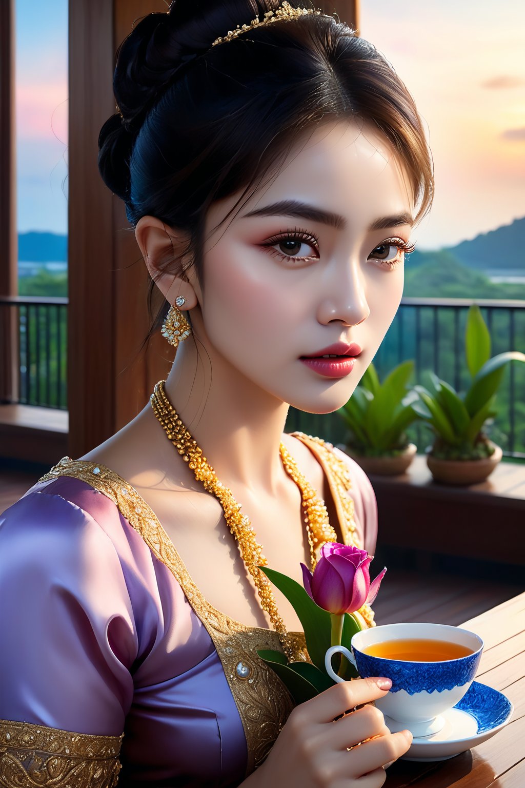 perfect face, (best quality, masterpieces:1.3), (beautiful and aesthetic:1.2), colorful, dynamic angle, (Realistic:1.4), illustration , (high quality:1.3), (perfect eyes, detailed pupil), (ultra detailed, ultra highres), 32K, (Beautifully Detailed Face and Fingers), (Five Fingers) Each Hand,  sharp focus, professional dslr photo,  photoreal, Thai house style, (Sitting on the balcony outside the room, table with hot tea, Thai food style, sweet desserts :1.5), (See the evening view: 1.4), rose jewelry, forehead jewel, cute hair bun style, (Thailand traditional costume:1.4), Sabai, Wonder of Art and Beauty, Thai Dress, (orchid, iris, multicolor rose, Canna lily, jasmine, flowers :1.3), stunning light, volumetric fx, ray tracing,  (((intricate detailed))), extremely detailed CG, (hyper realism, soft light, dramatic light, sharp, HDR), perfect image, vivid color, (official art, extreme detailed, highest detailed), more detailed,colorful sky, 1girl,add detail,