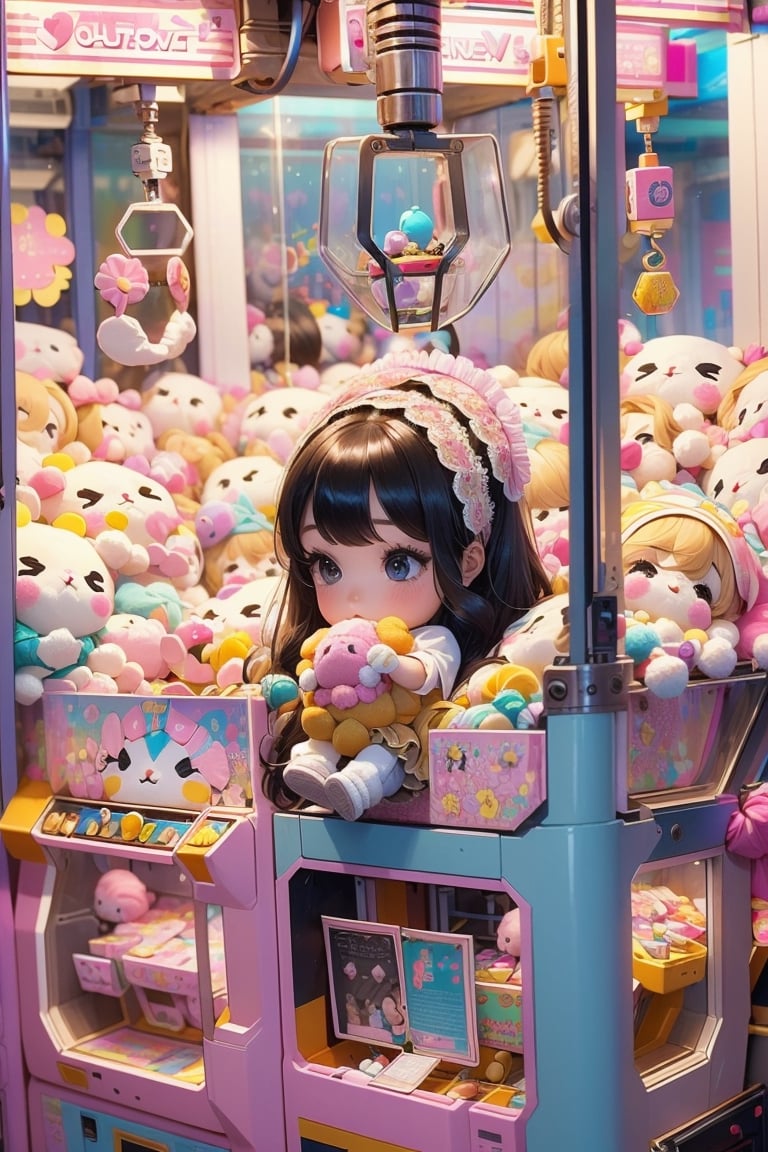 1girl, best quality, ultra-detailed, (((masterpiece))), (((best quality))), extremely detailed, ((claw machine)), ((claw is clamping a doll box up)), hand on bottom panel, control joystick and press button with hand, cleavage, big tits, ribbon, beige lace overalls, black updo longhair, shy, blush, petite figure proportion, claw machine, Glittering, cute and adorable, (perfect lighting, perfect shadow), wide shot, dreamlike scenery, Realism, blending colors,vibrant hues, amazing photo, wearing dress pretty ruffle, cute shoe, hug pillow heart, holding cute doll, Chibi ,UFOCatcher,,