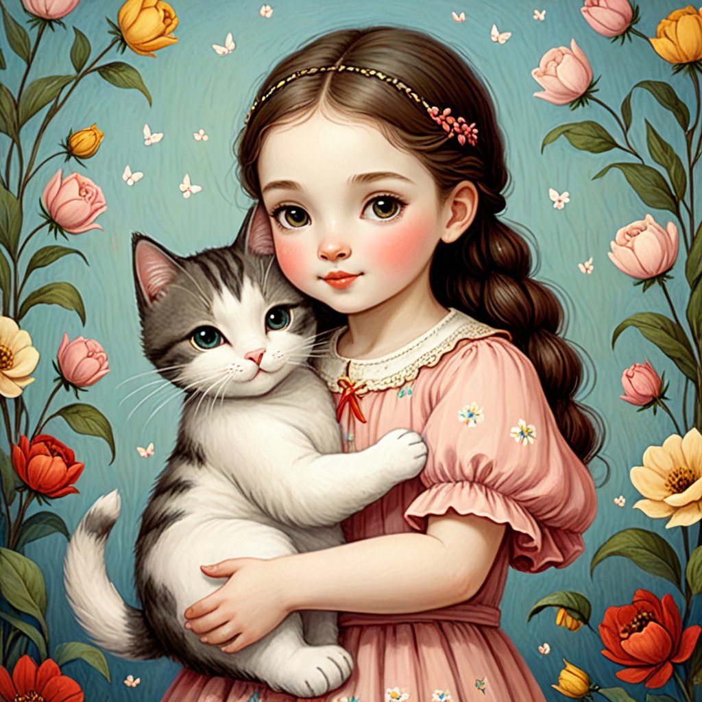 Whimsical folk art picture of a (little sweet girl) and (cat) hugging each other.
,Perfect skin,no