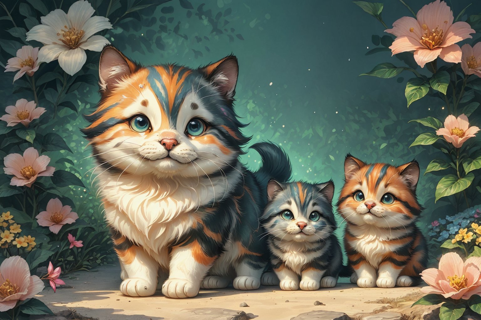 (best quality,ultra-detailed,cute animals,vivid colors,soft lighting,digital illustration,fluffy fur,playful expressions,adorable poses,dreamy atmosphere,colorful surroundings), (art by Makoto :1.5), digital art, child, cute cat, 16K, cool wallpaper, things, jasmine, pillows, clutter, toy, basket, wood, pot, can copper, garden yard, circle face, smile, sharp focus, HDR, Add more details