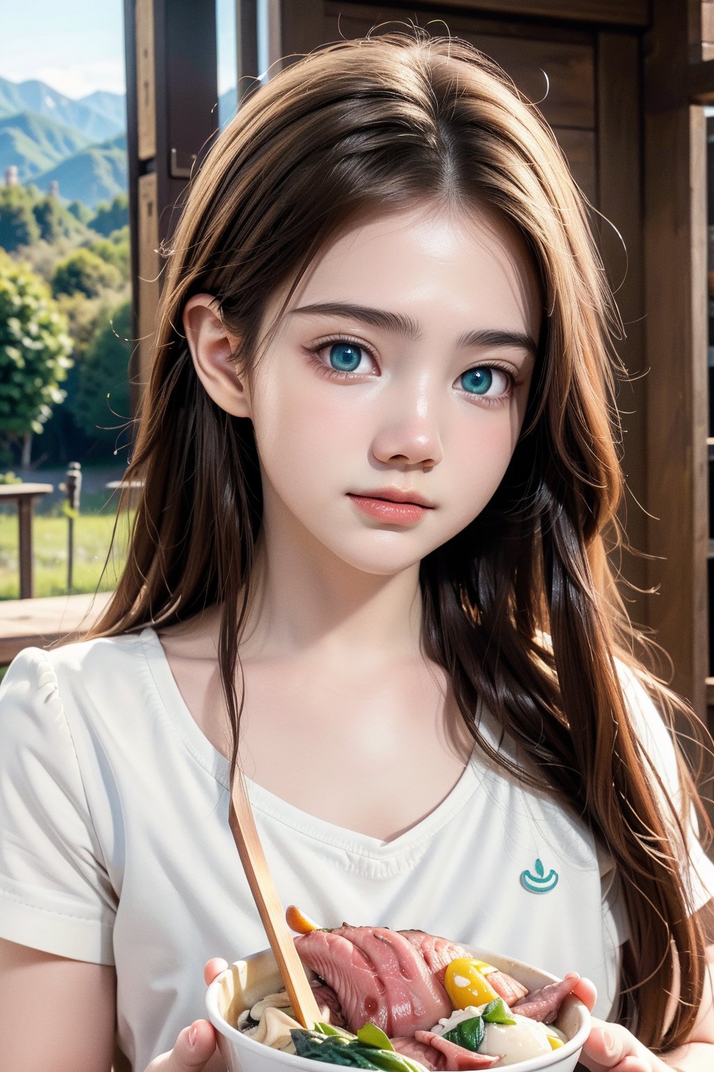 (ultra detailed, ultra highres), (masterpiece, top quality, best quality, official art :1.4), (high quality:1.3), cinematic, (muted colors, dim colors), (perfect eyes, perfect face:1.3), long-lenses photograph, realistic, UHD, 16K, 8K, warm glow, with mountains and valleys, stunning light, wind is blowing, sharp focus, extremely detailed CG, (perfect hands, perfect fingers, nice hands), photorealistic, casual wear, (1girl with shiny long hair:1.4), (seafood), (many food on shelf, food showcase), (yakiniku : 1.4), (color: taffy, mint, Celeste, buttermilk), more detail 