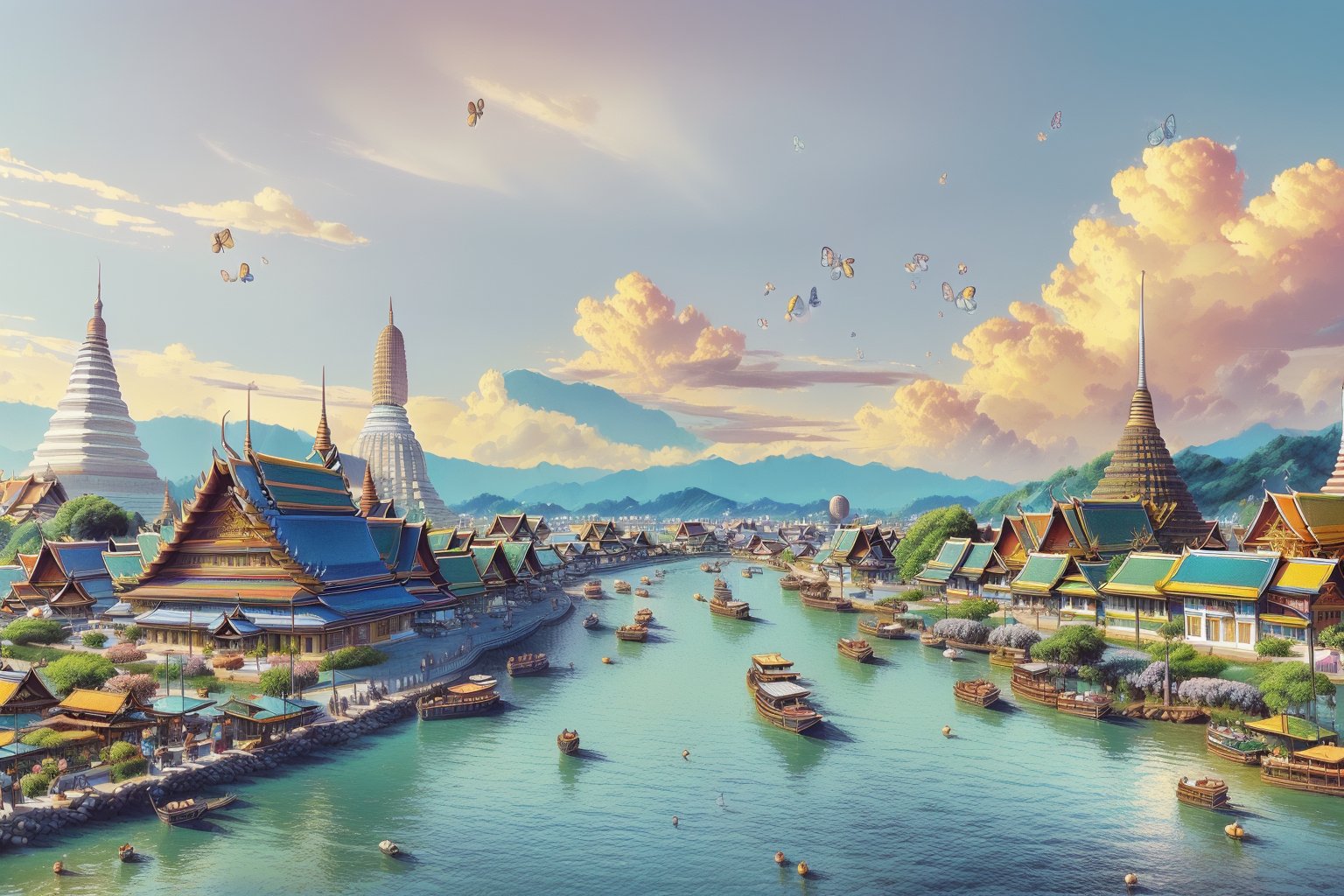 (1girl :1.5), front shot, adorable, (ultra detailed, ultra highres), (masterpiece, top quality, best quality, official art :1.4), (high quality:1.3), cinematic, wide shot, (muted colors, dim colors), A whimsical cityscape under a bright blue sky with fluffy clouds and butterflies. The city features traditional wooden buildings and a fantastical structure that combines a castle, a pagoda, (and a Ferris wheel). The colors are vibrant and detailed. (Thailand culture :1.4), 4k, Ghiblism2-Ghibli, GhiblismDetailed2, Ghiblismkw2 extremely detailed CG, photorealistic,Pastel color,flower